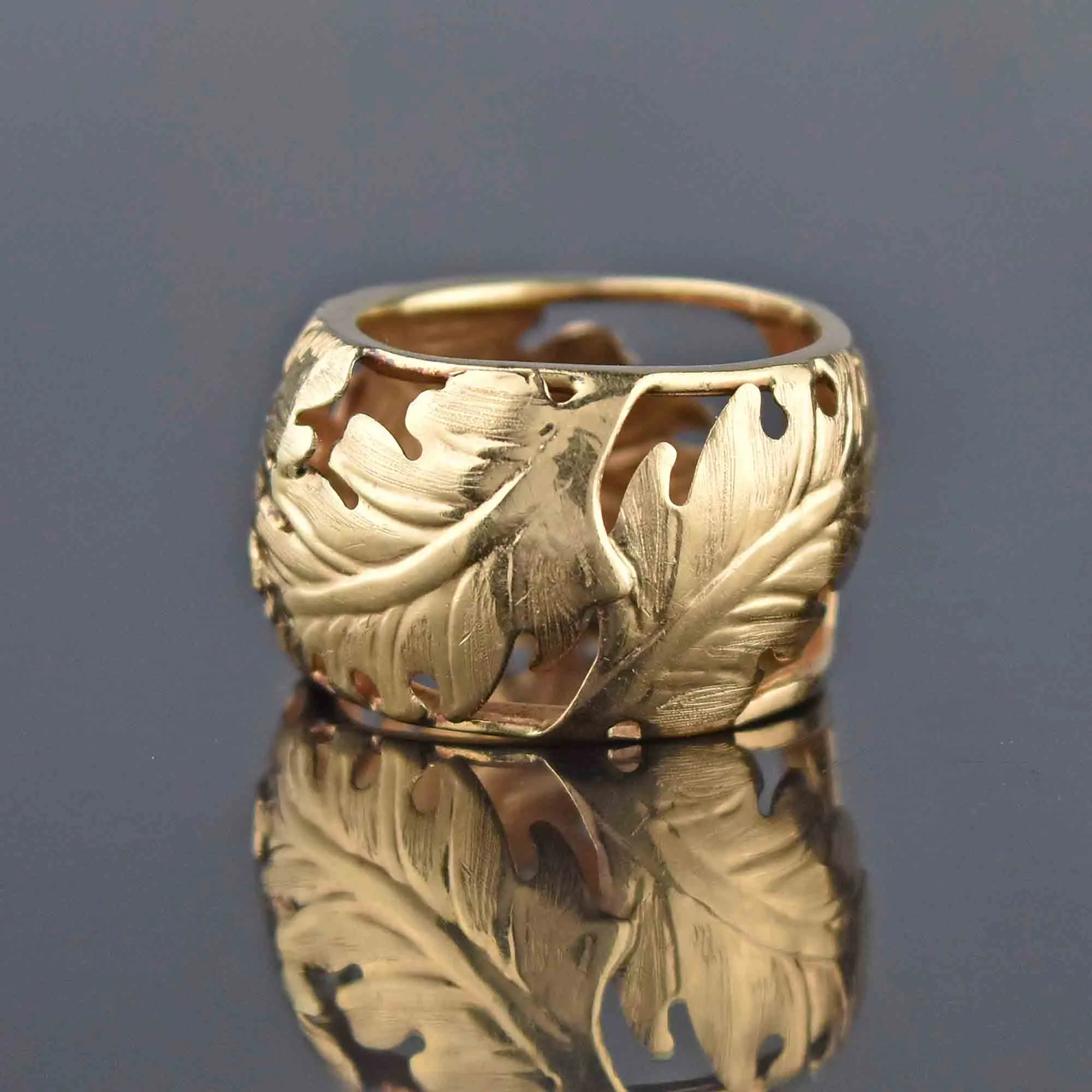 14K Gold Italian Wide Engraved Leaf Band Ring