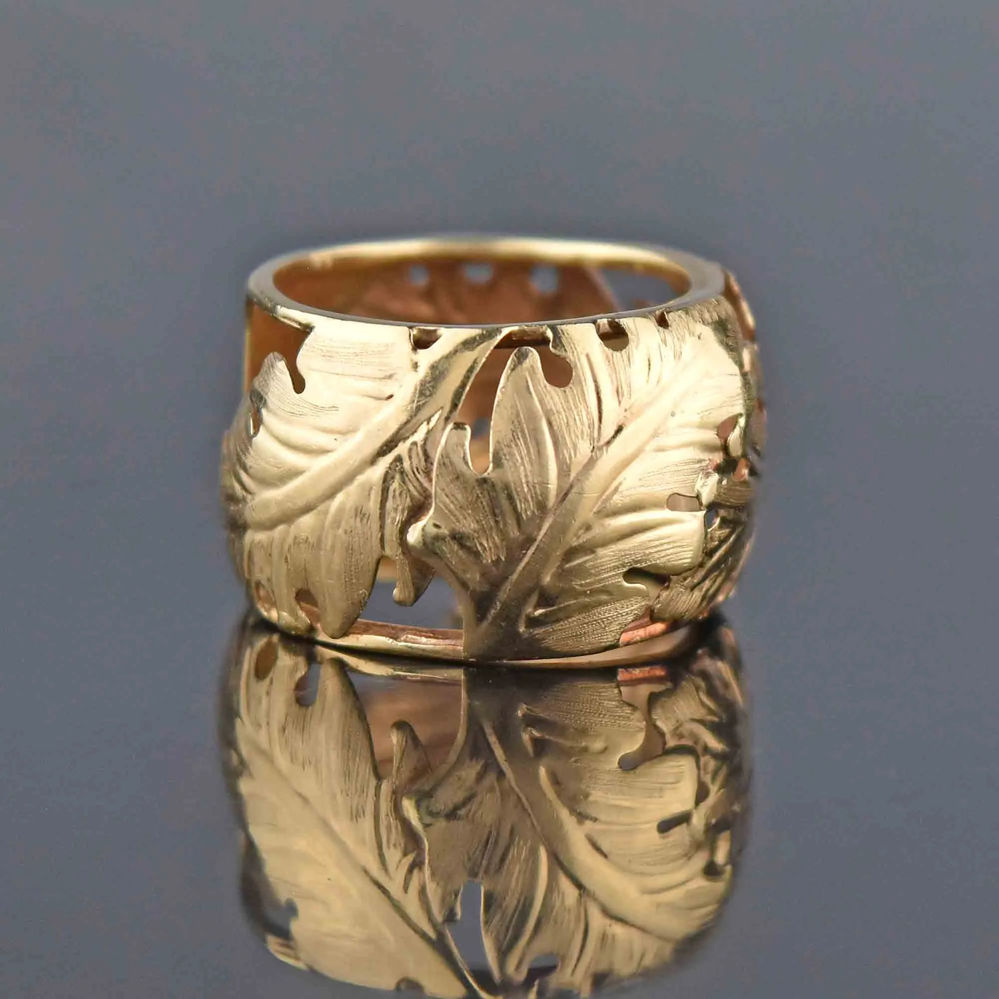 14K Gold Italian Wide Engraved Leaf Band Ring