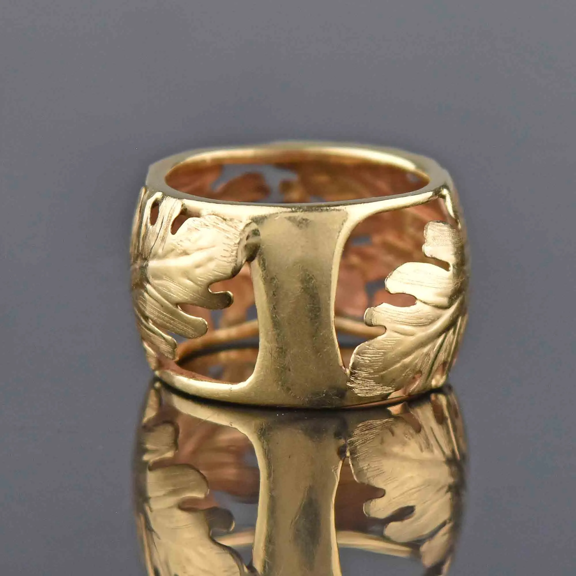 14K Gold Italian Wide Engraved Leaf Band Ring