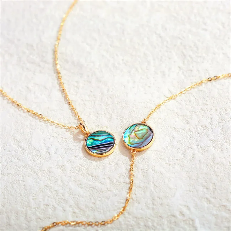 14K Solid Real Gold Mother of Pearl/Abalone/Turquoise/Black Onyx/Opal Coin Necklace  for Women Fine Jewelry Anniversary Birthday Gifts