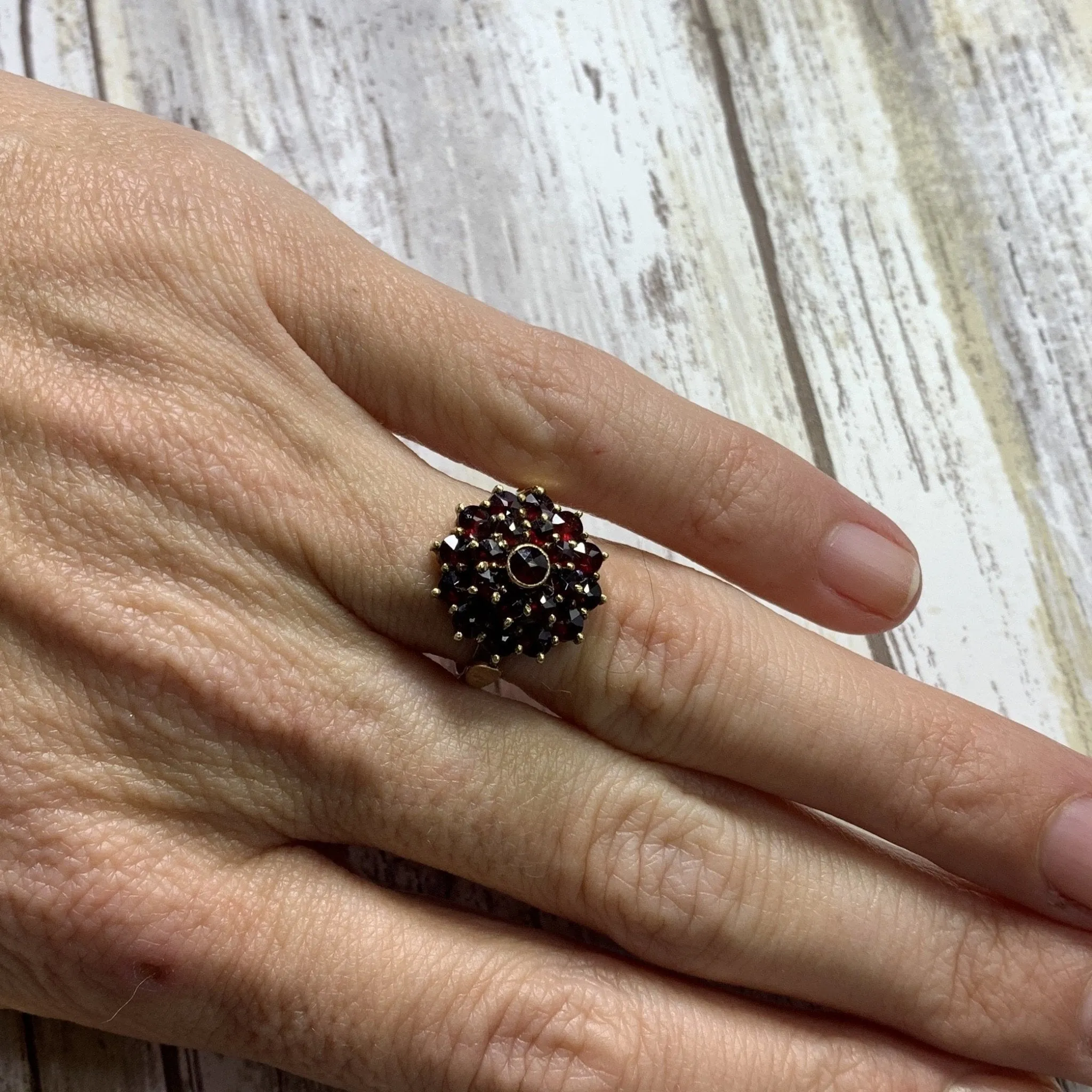 1940s Garnet Cluster Ring in 14k Yellow Gold. Bohemian Ring. January Birthstone.