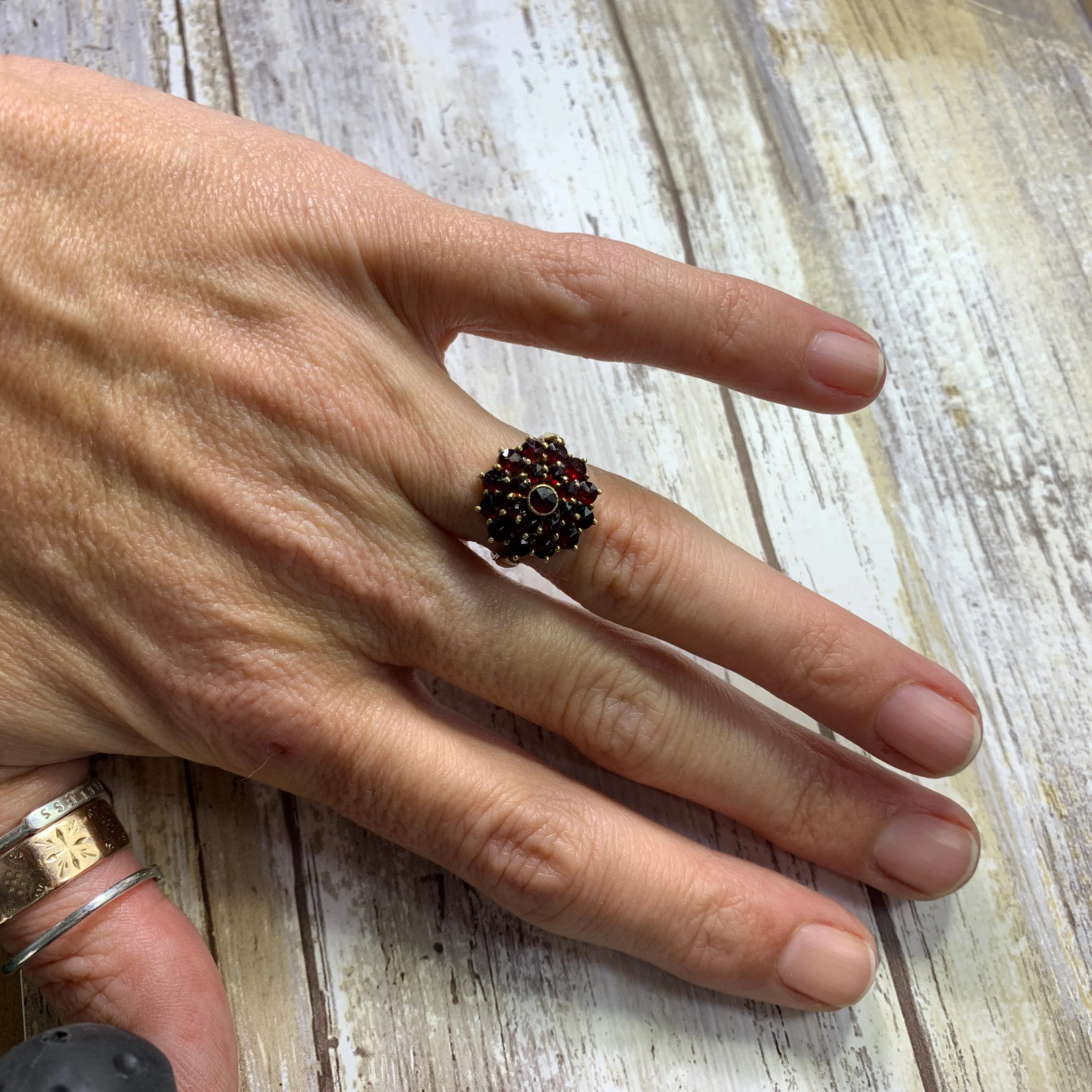 1940s Garnet Cluster Ring in 14k Yellow Gold. Bohemian Ring. January Birthstone.