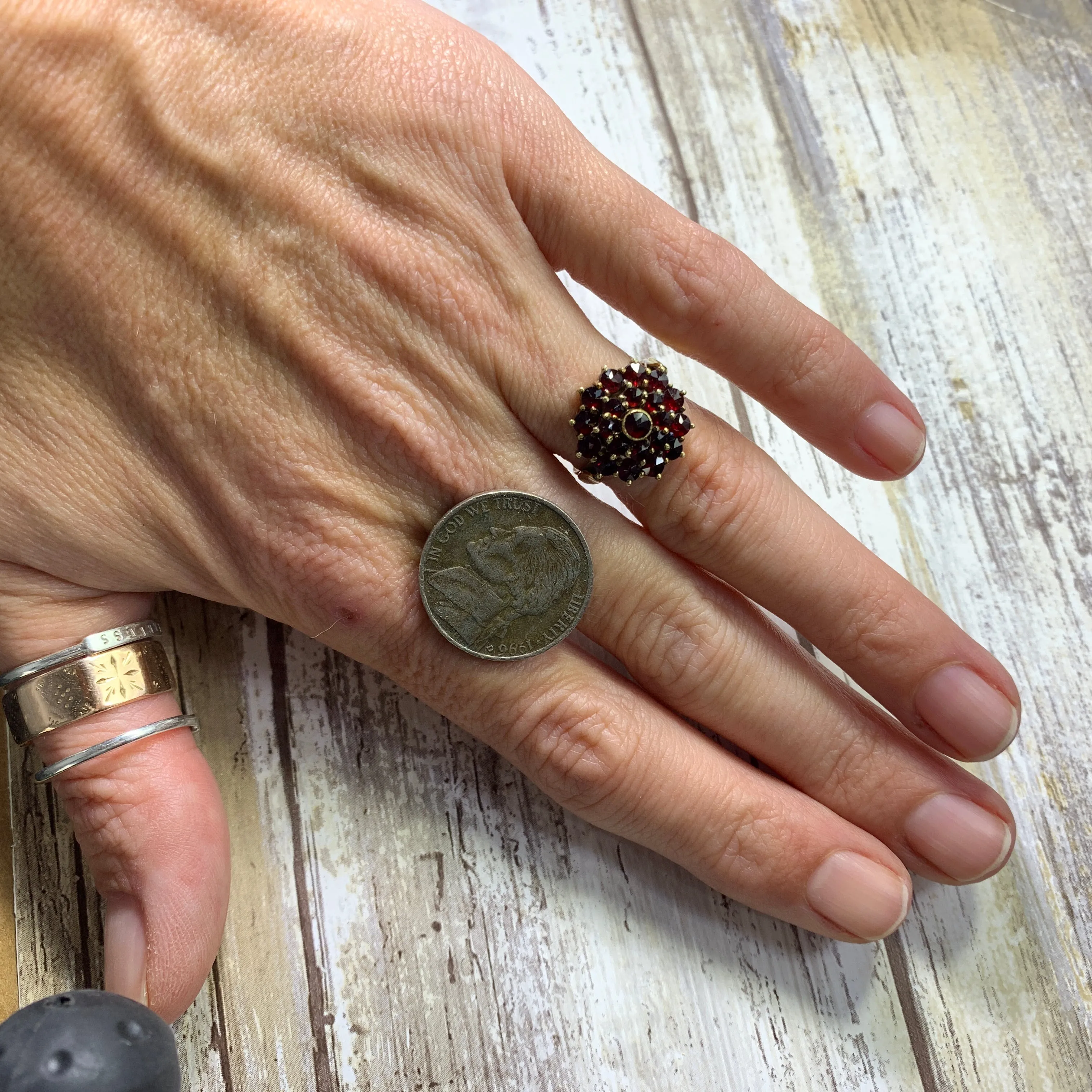 1940s Garnet Cluster Ring in 14k Yellow Gold. Bohemian Ring. January Birthstone.