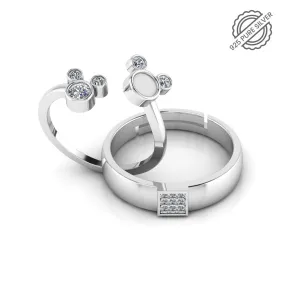 925 Sterling Silver Cute Mickey Enamel and Classy Status Special Couple's Ring