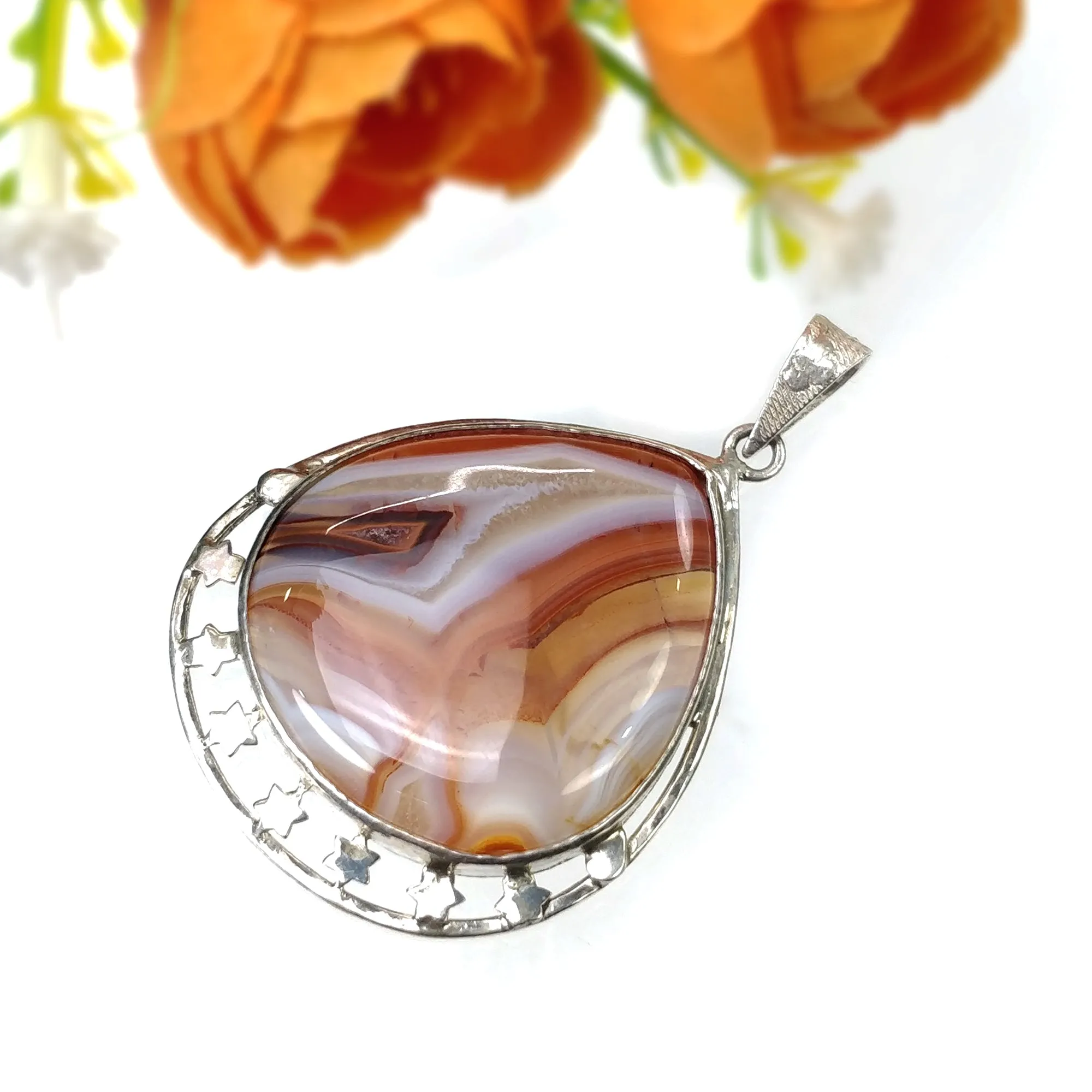 925 Sterling Silver PENDANT : 15.25gms Natural BOTSWANA AGATE Gemstone Heart Shape Bezel Set Pendant 2.25"