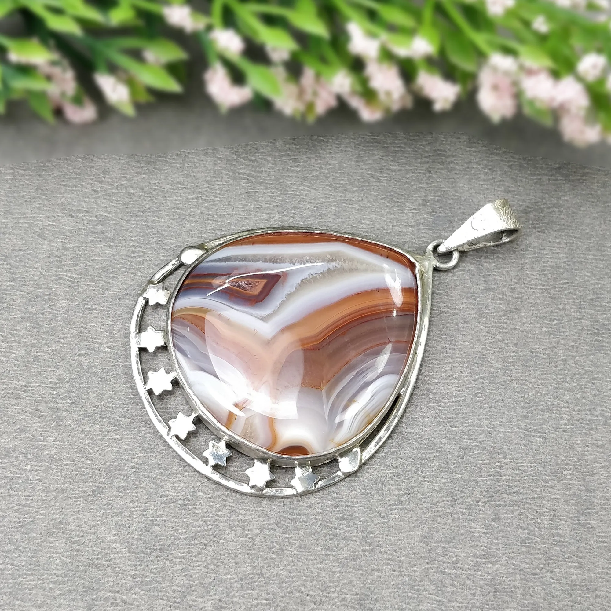 925 Sterling Silver PENDANT : 15.25gms Natural BOTSWANA AGATE Gemstone Heart Shape Bezel Set Pendant 2.25"