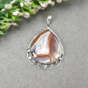 925 Sterling Silver PENDANT : 15.25gms Natural BOTSWANA AGATE Gemstone Heart Shape Bezel Set Pendant 2.25"