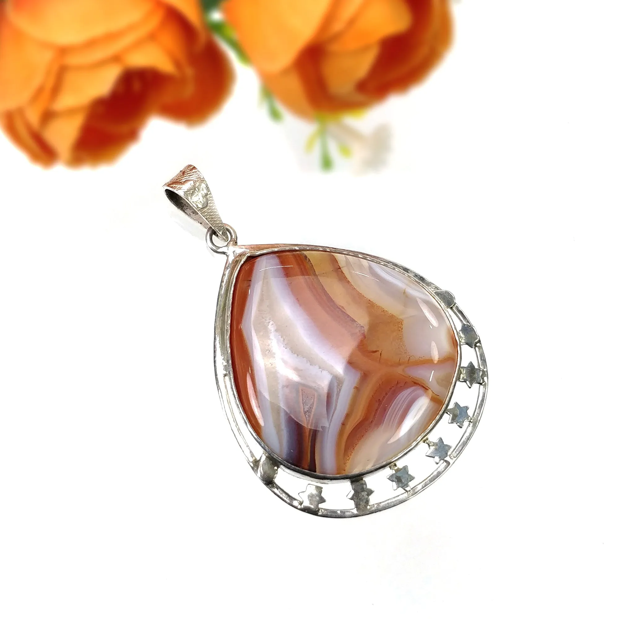 925 Sterling Silver PENDANT : 15.25gms Natural BOTSWANA AGATE Gemstone Heart Shape Bezel Set Pendant 2.25"