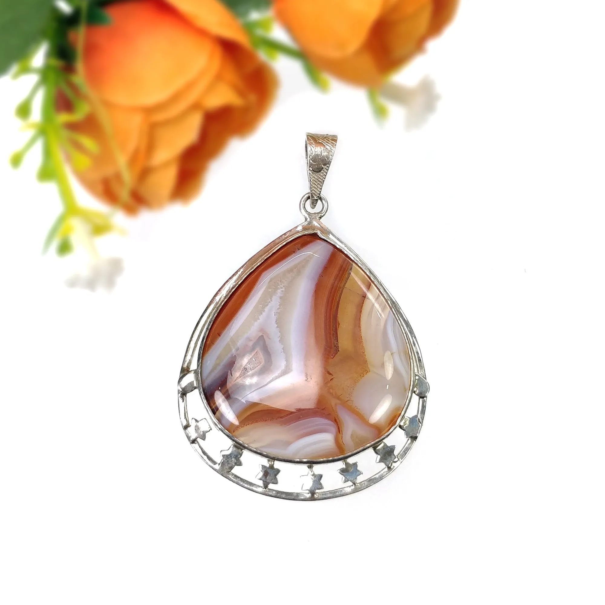 925 Sterling Silver PENDANT : 15.25gms Natural BOTSWANA AGATE Gemstone Heart Shape Bezel Set Pendant 2.25"