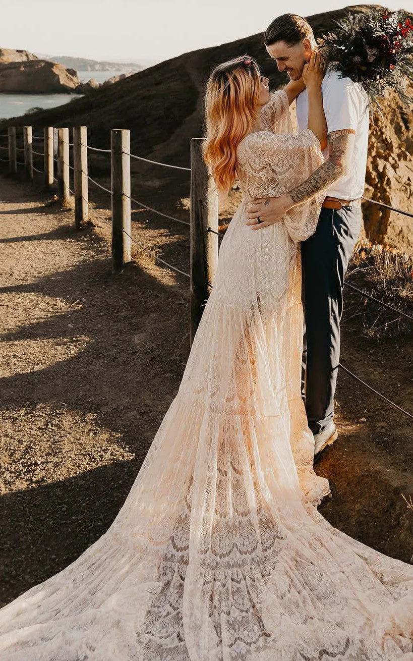 A-Line V-neck Lace Simple Wedding Casual Sexy Bohemian Romantic Adorable Garden With Deep-V Back And Illusion Long Sleeves-716743