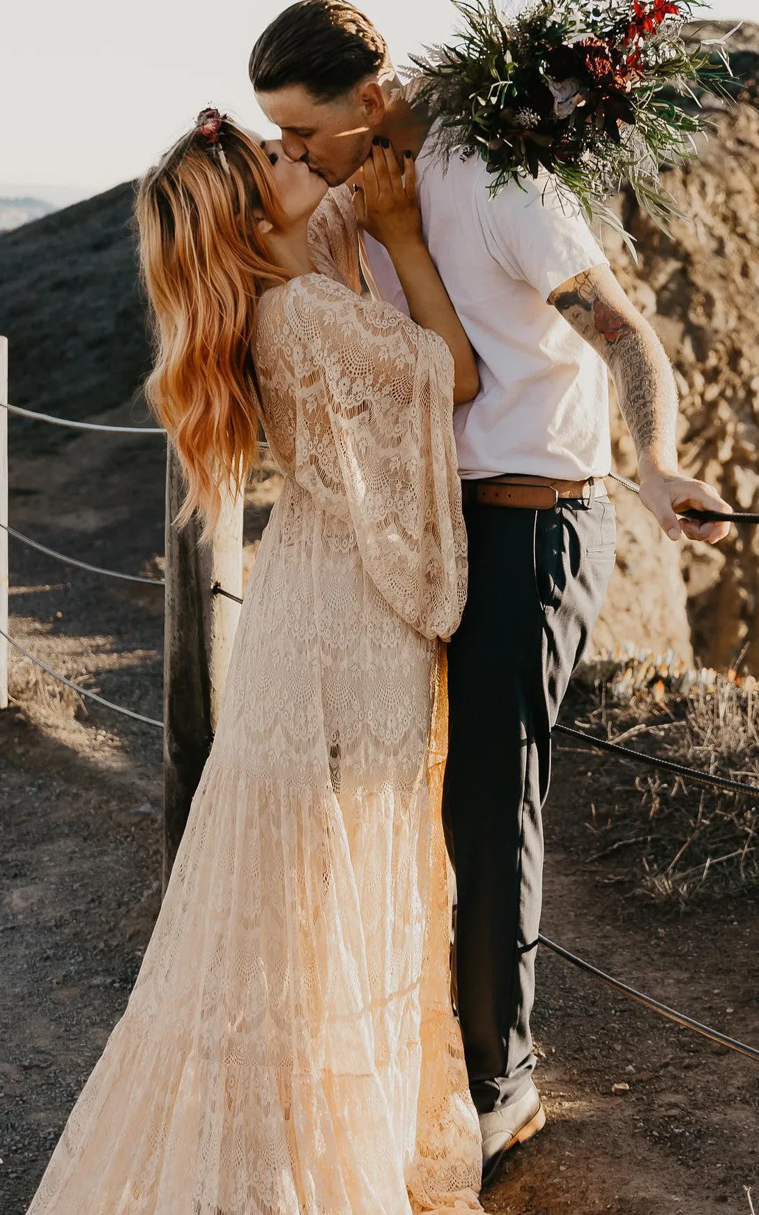 A-Line V-neck Lace Simple Wedding Casual Sexy Bohemian Romantic Adorable Garden With Deep-V Back And Illusion Long Sleeves-716743