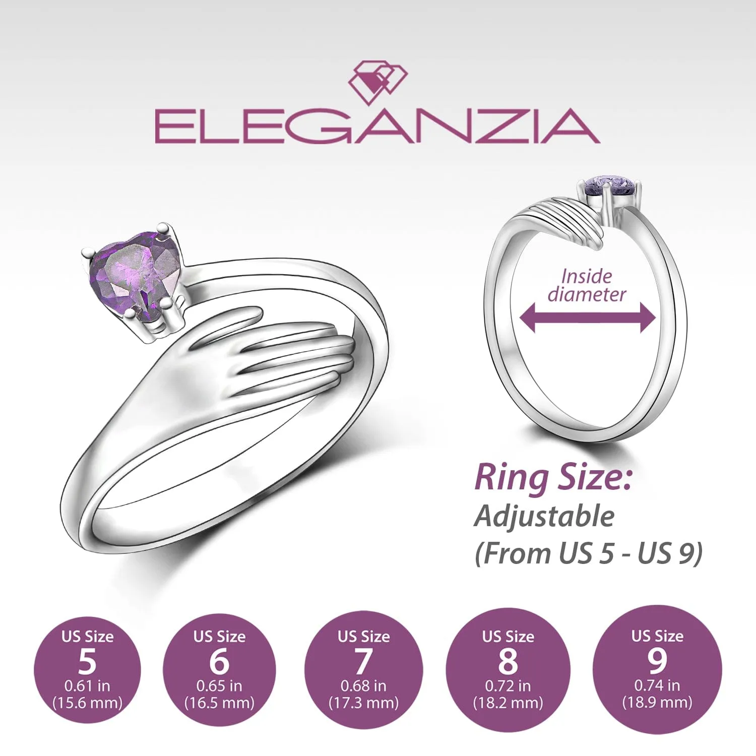 Amethyst Love Hug Ring Sterling Silver Adjustable