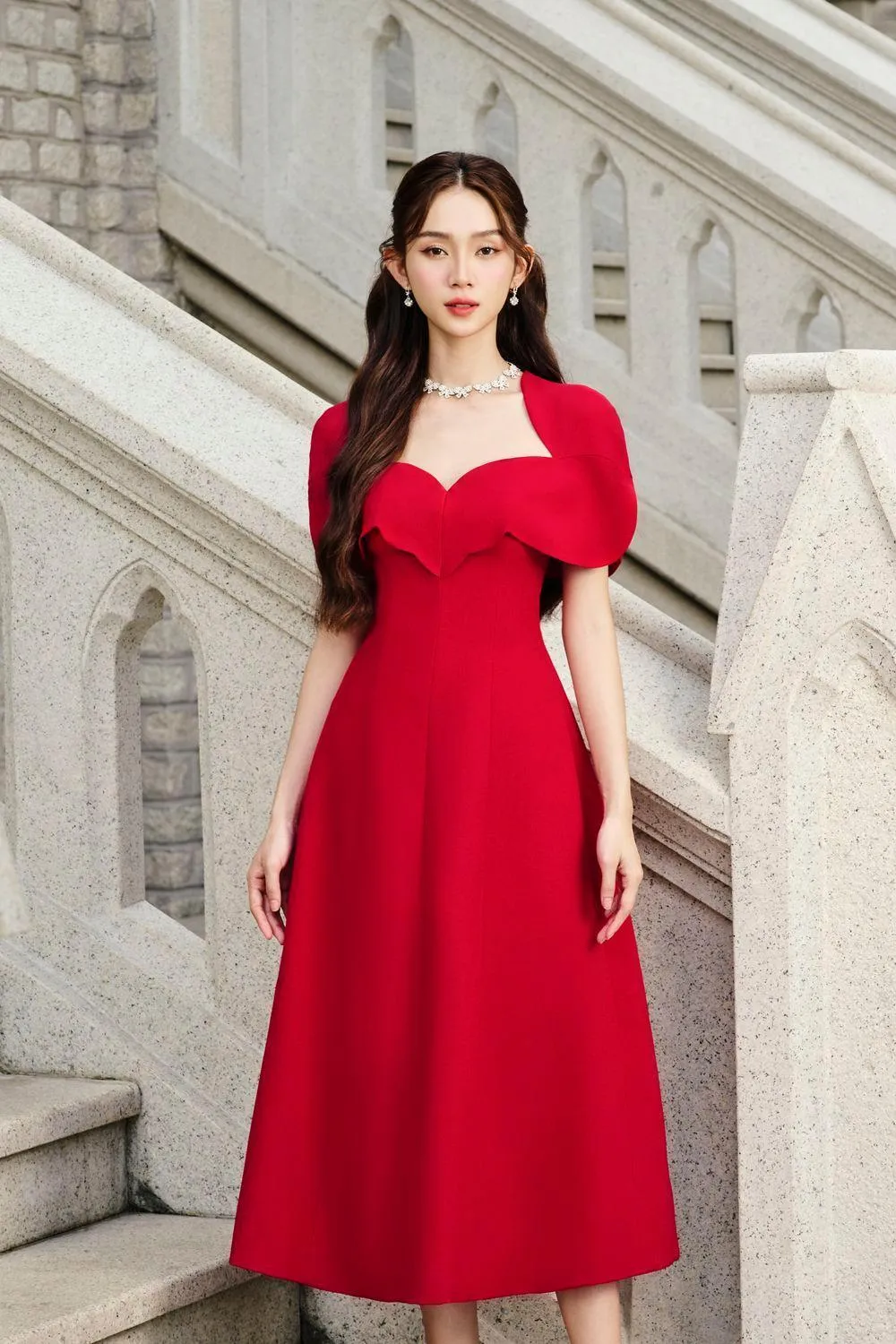 Amore A-line Queen Anne Neck Silk Crepe Midi Dress