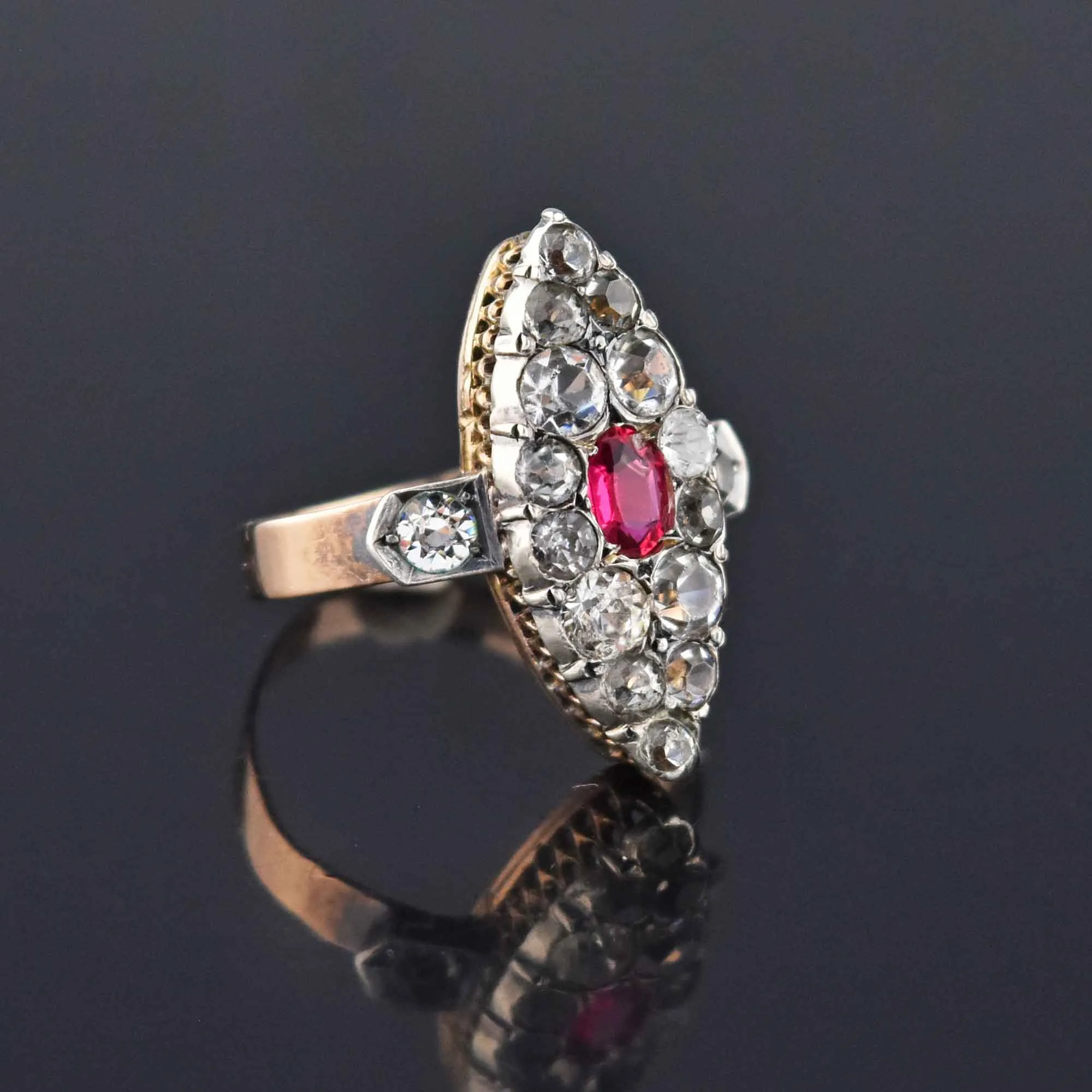 Antique Georgian Victorian Diamond Ruby Paste Navette Ring