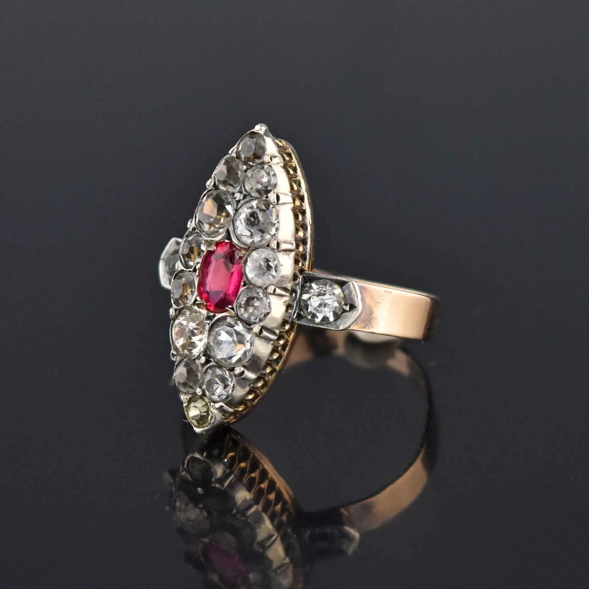 Antique Georgian Victorian Diamond Ruby Paste Navette Ring