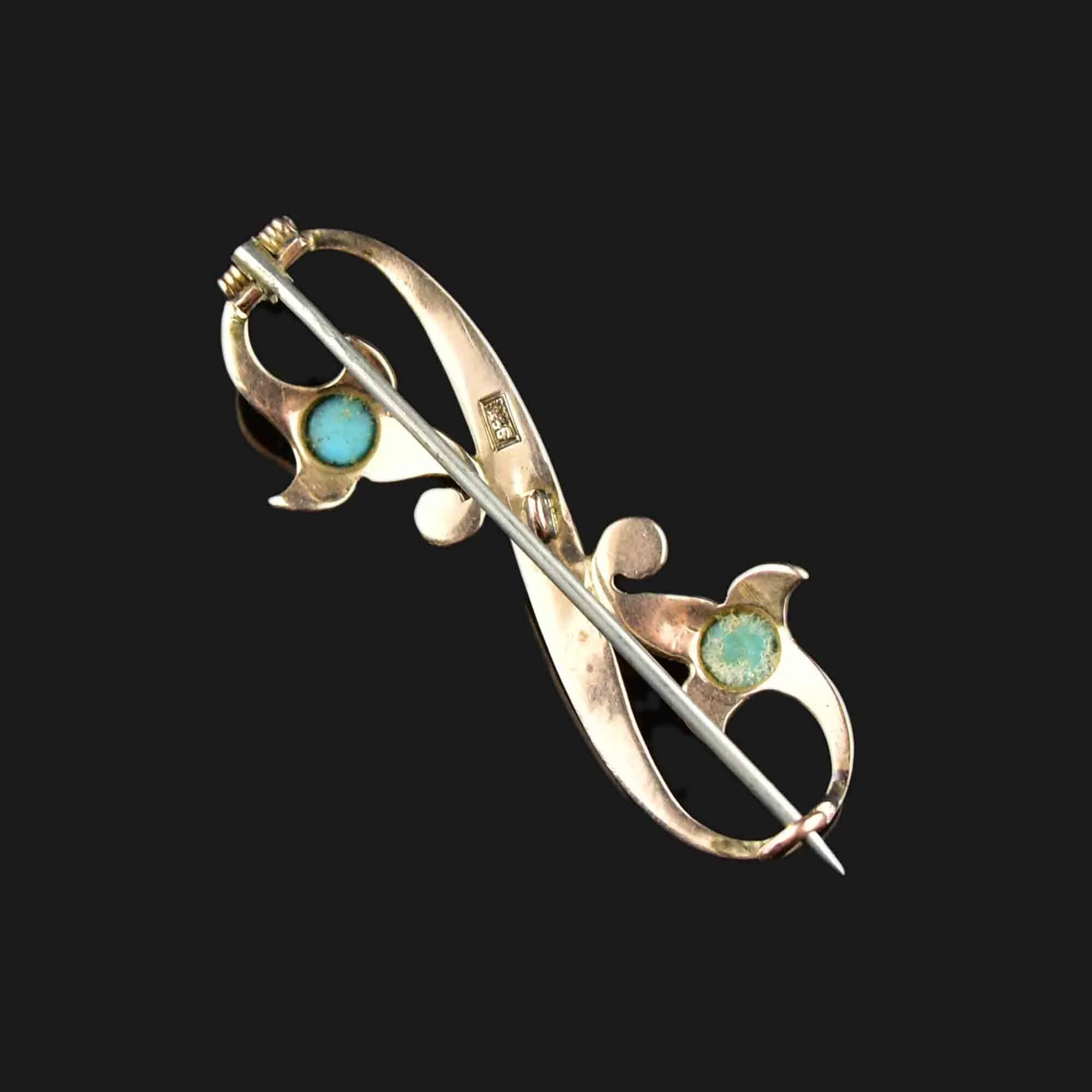 Antique Gold Turquoise Seed Pearl Figure 8 Brooch