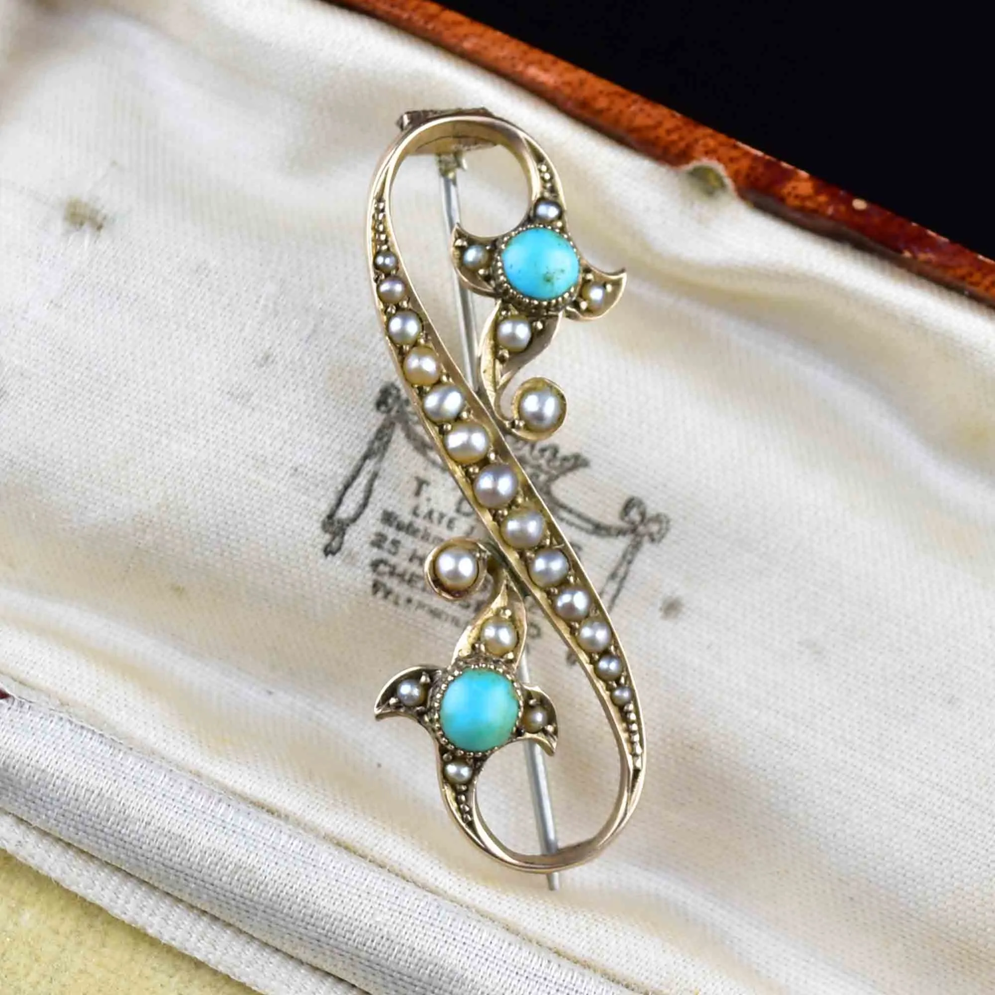 Antique Gold Turquoise Seed Pearl Figure 8 Brooch