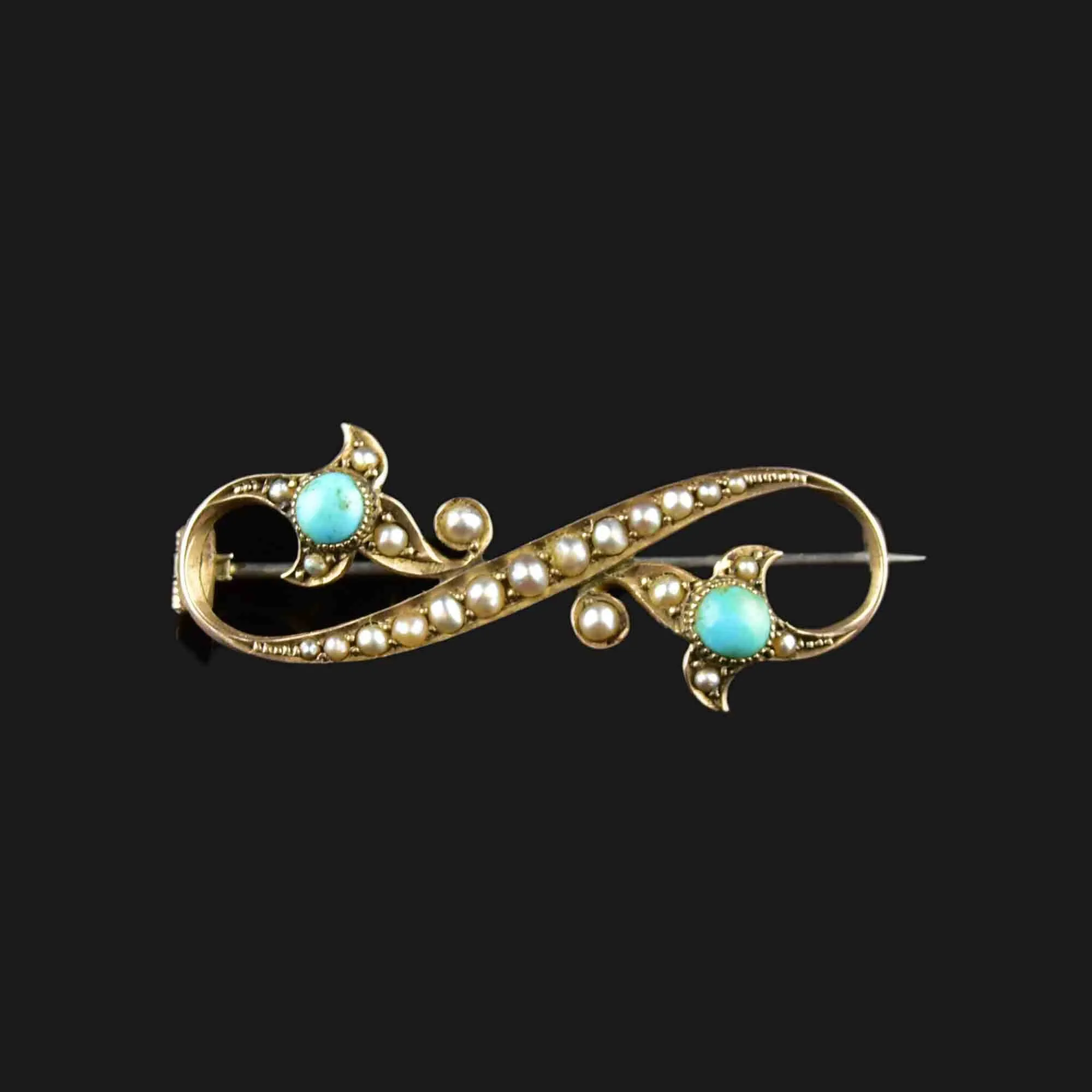 Antique Gold Turquoise Seed Pearl Figure 8 Brooch