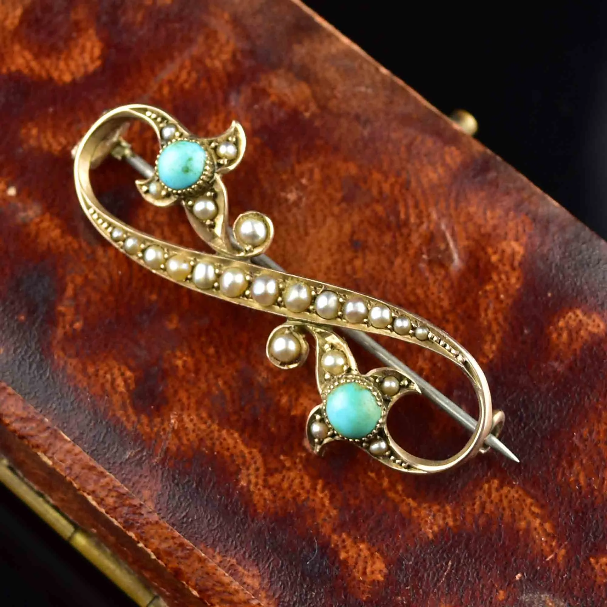 Antique Gold Turquoise Seed Pearl Figure 8 Brooch