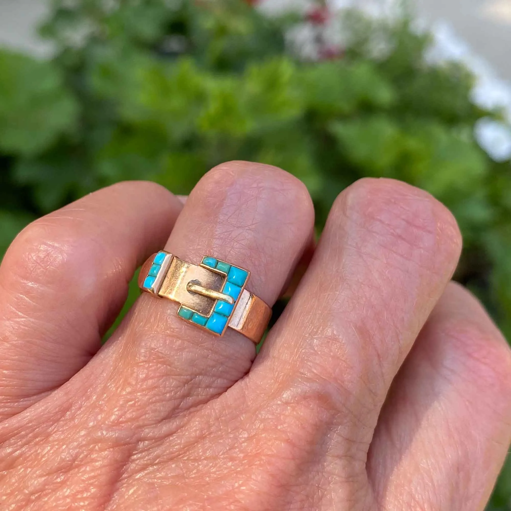 Antique Victorian 14K Rose Gold Turquoise Buckle Ring