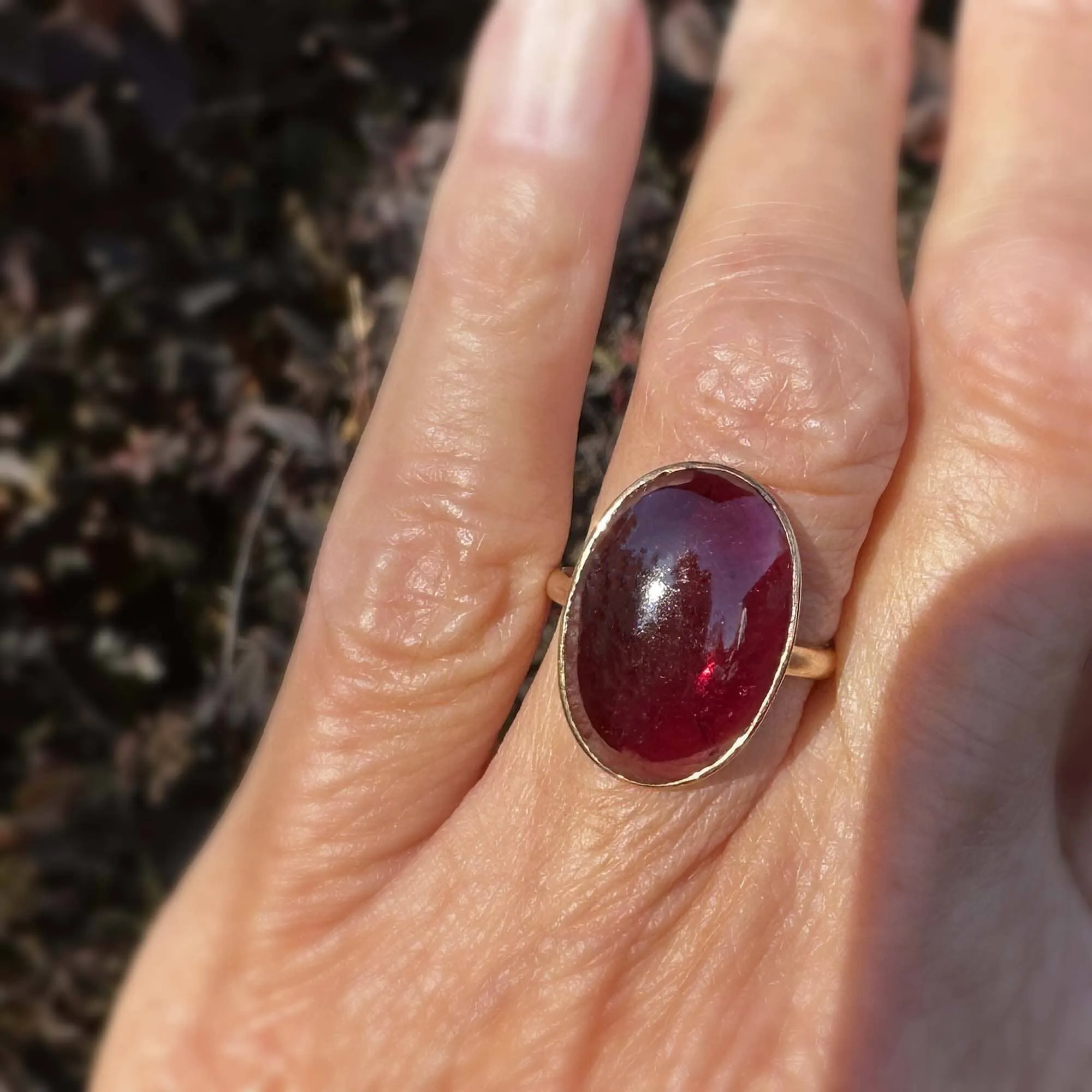 Art Deco 14K Gold Red Tourmaline Cabochon Ring