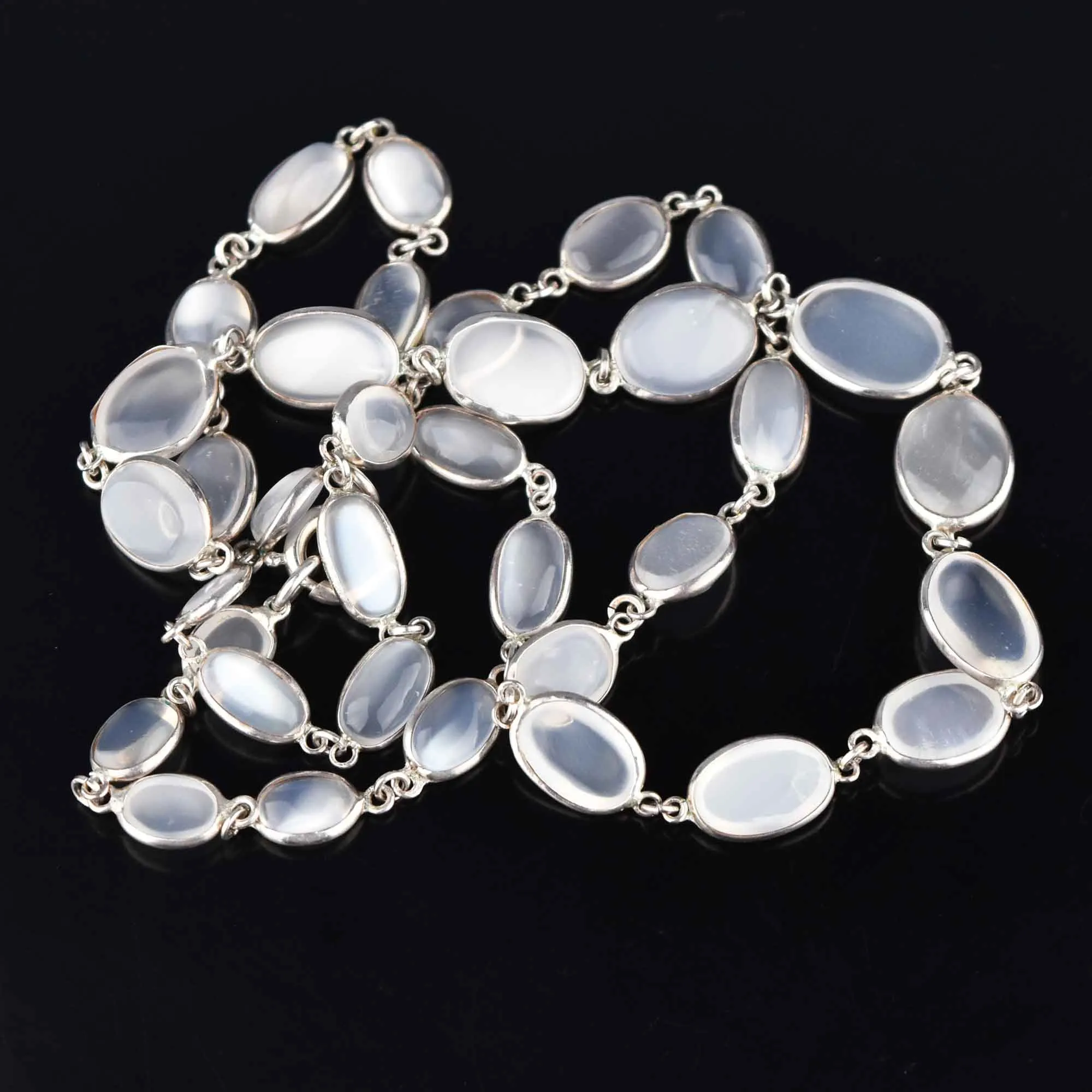 Art Deco Silver Long Natural Moonstone Necklace