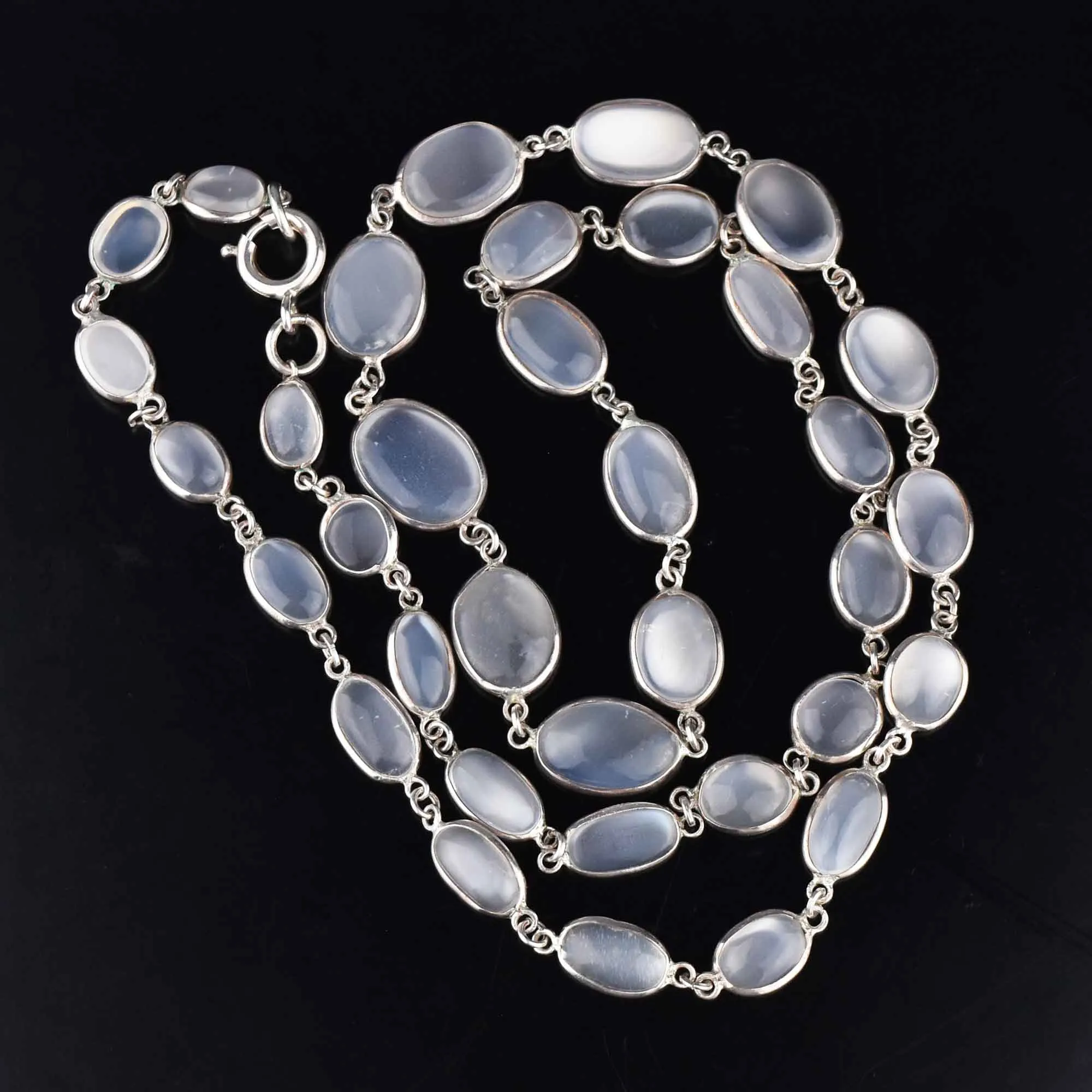 Art Deco Silver Long Natural Moonstone Necklace