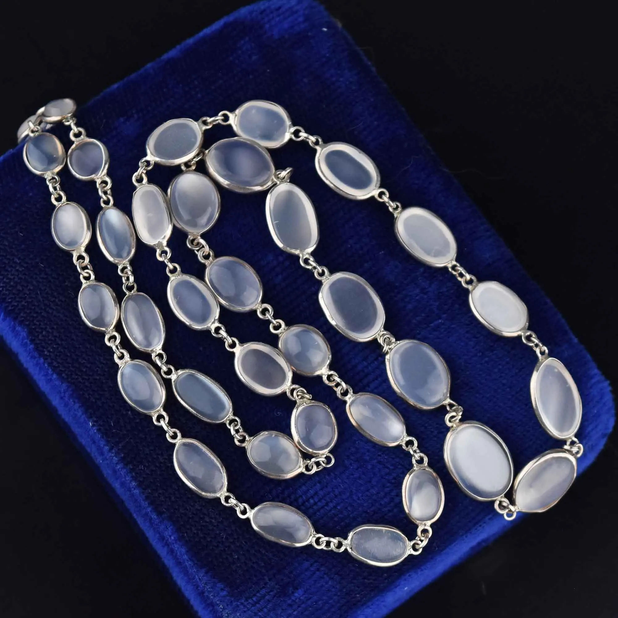 Art Deco Silver Long Natural Moonstone Necklace