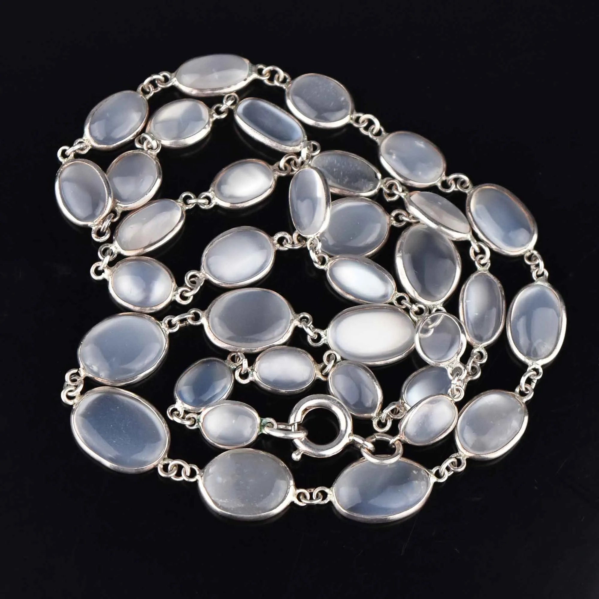 Art Deco Silver Long Natural Moonstone Necklace