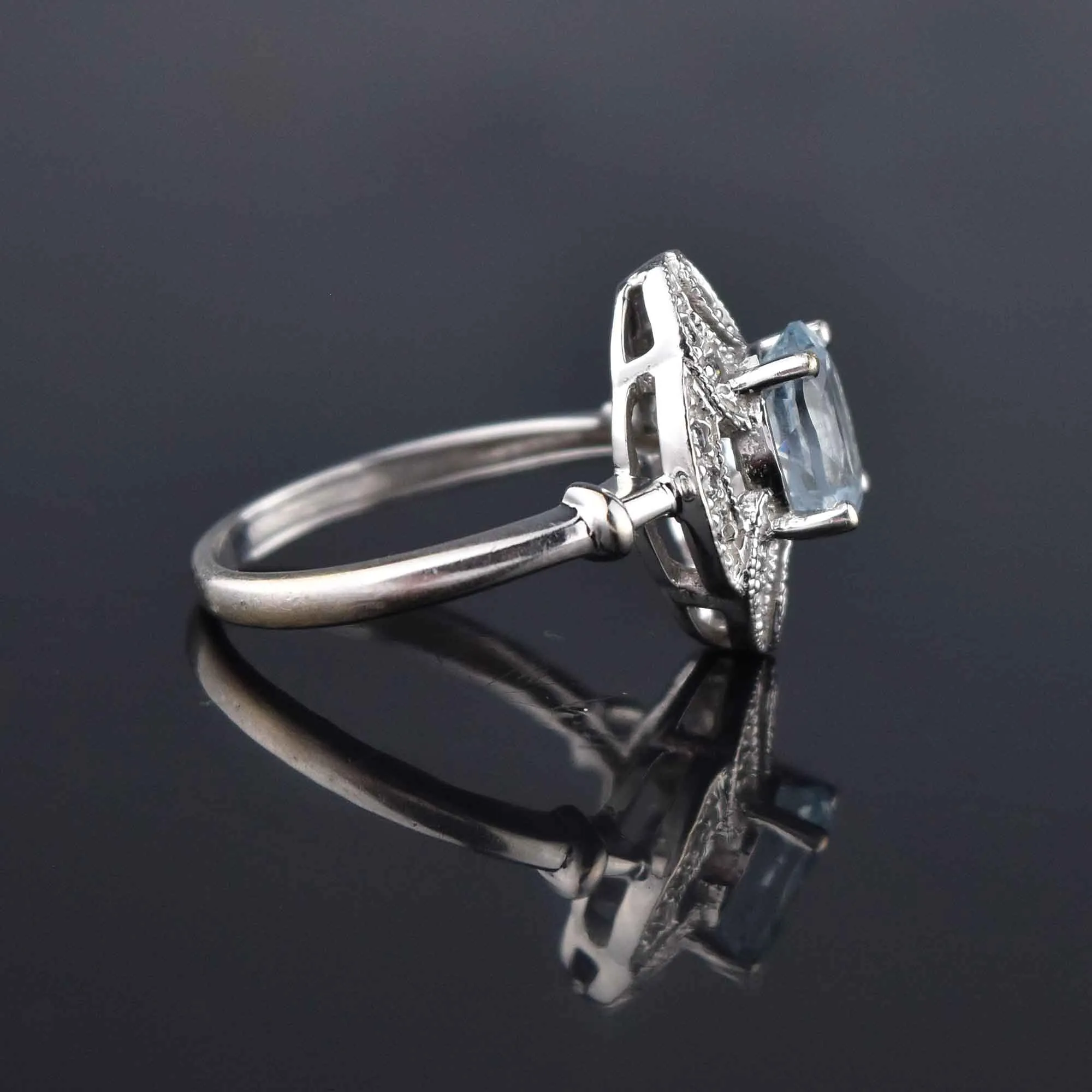 Art Deco Style 14K White Gold Diamond Aquamarine Ring