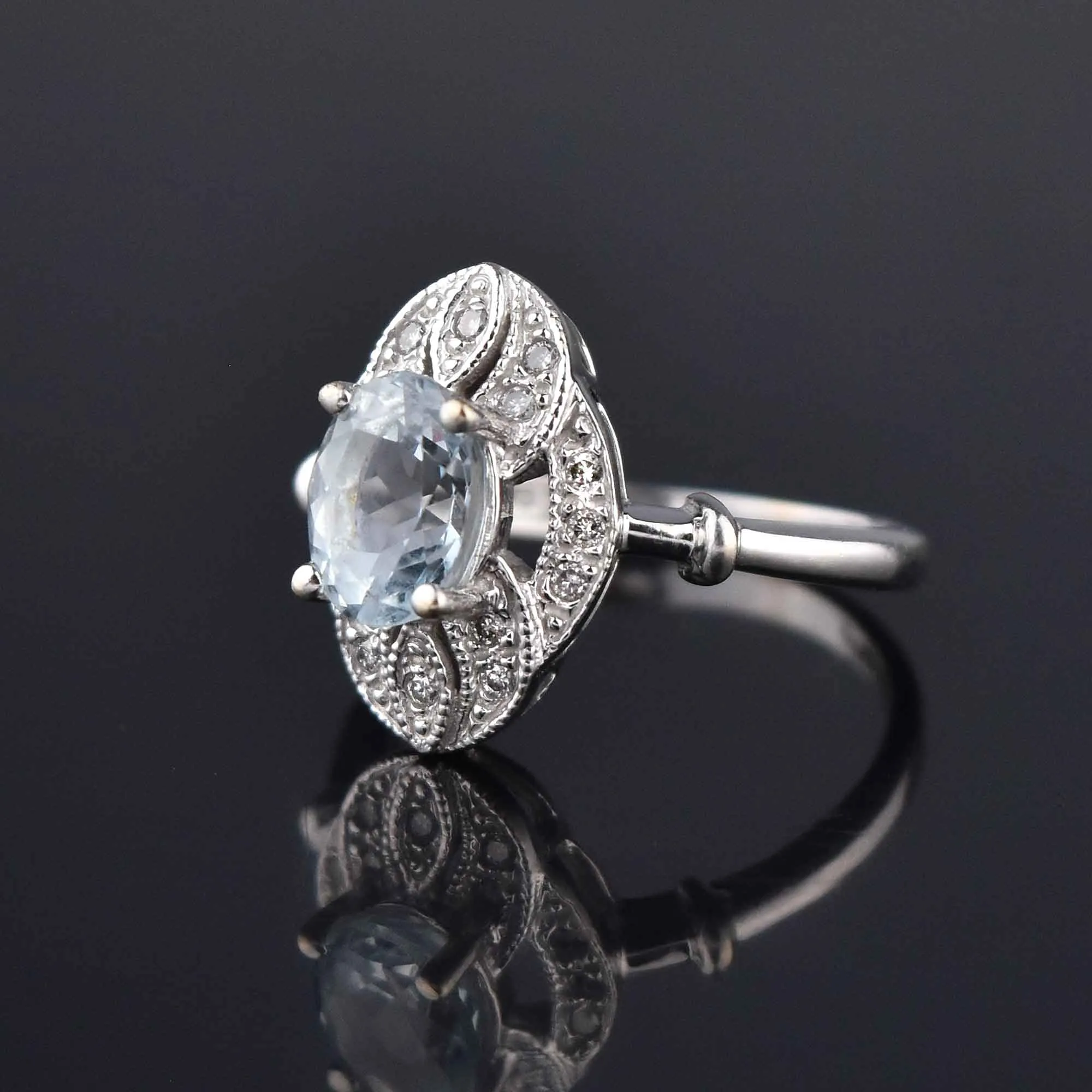 Art Deco Style 14K White Gold Diamond Aquamarine Ring