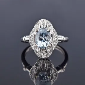 Art Deco Style 14K White Gold Diamond Aquamarine Ring