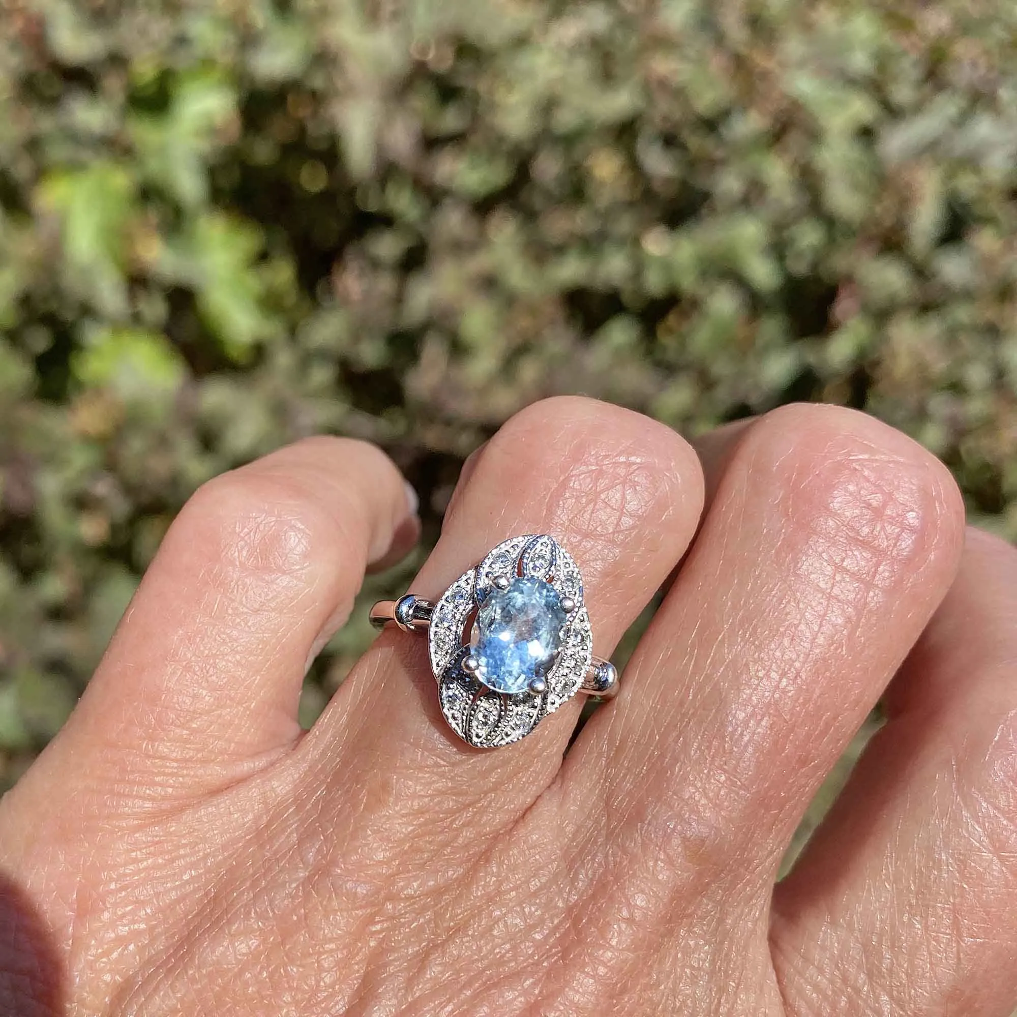 Art Deco Style 14K White Gold Diamond Aquamarine Ring