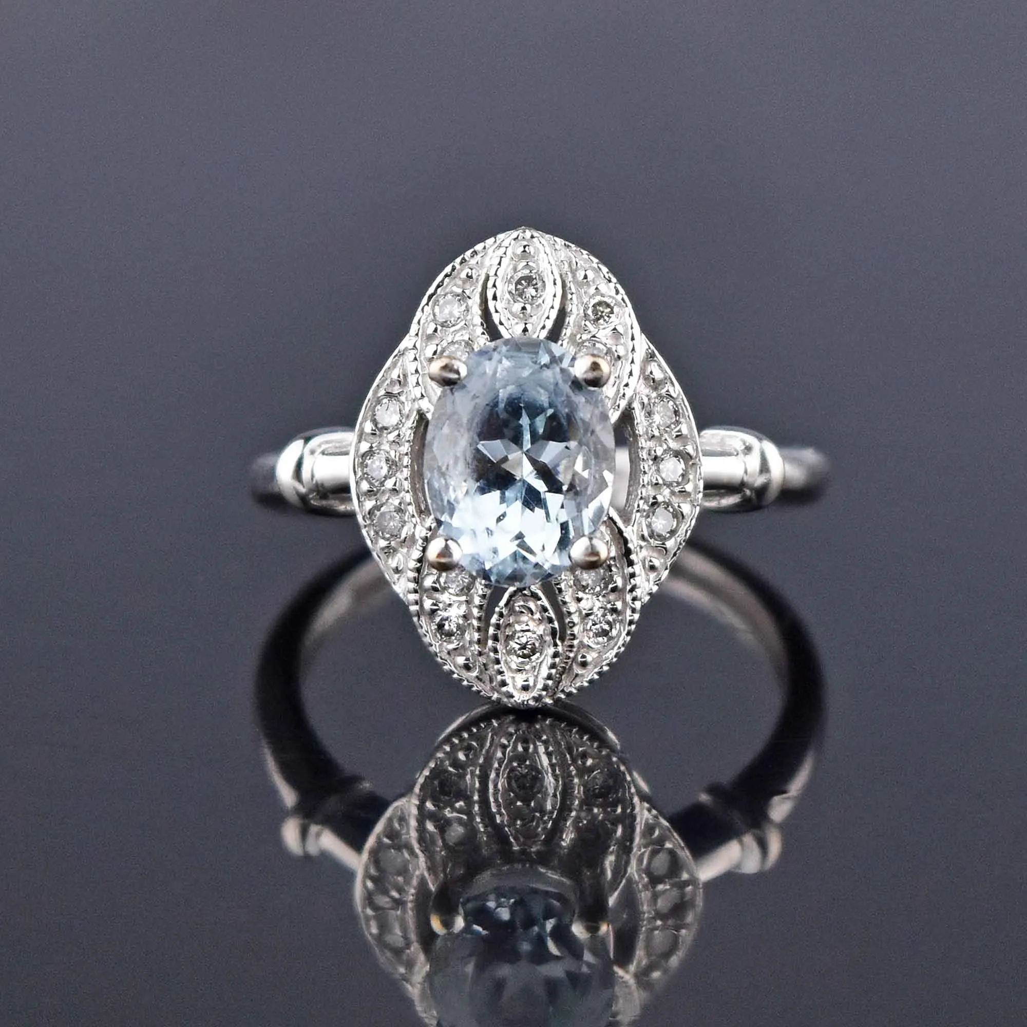 Art Deco Style 14K White Gold Diamond Aquamarine Ring