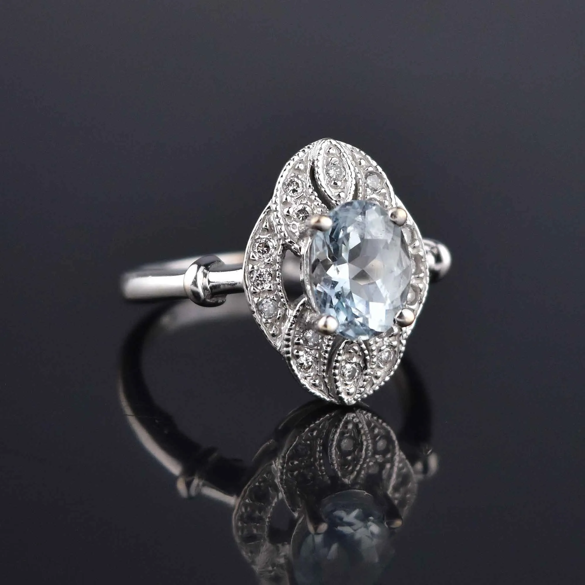 Art Deco Style 14K White Gold Diamond Aquamarine Ring