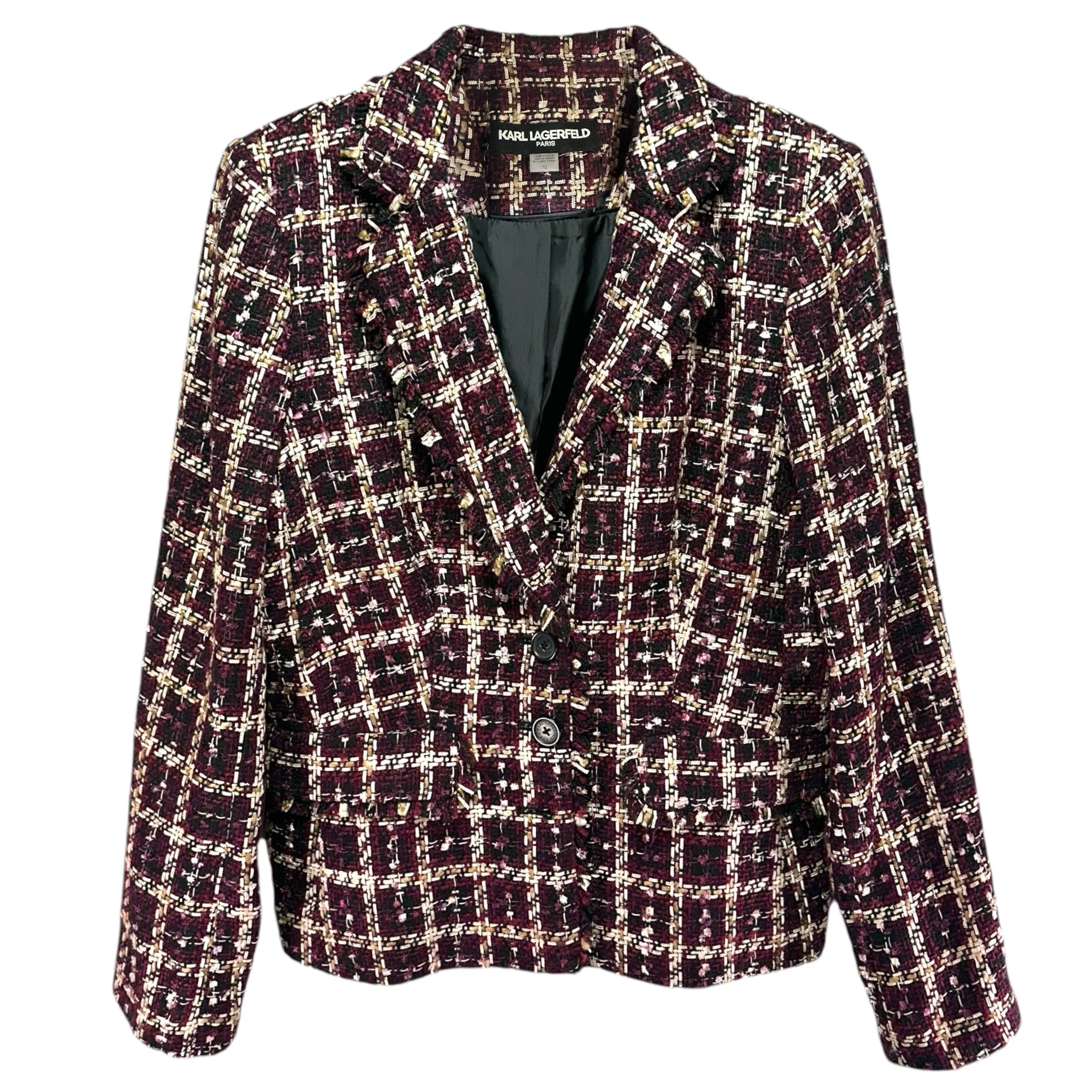 Ashland Frayed Trim Tweed Blazer Designer By Karl Lagerfeld In Multi Purple, Size: 10