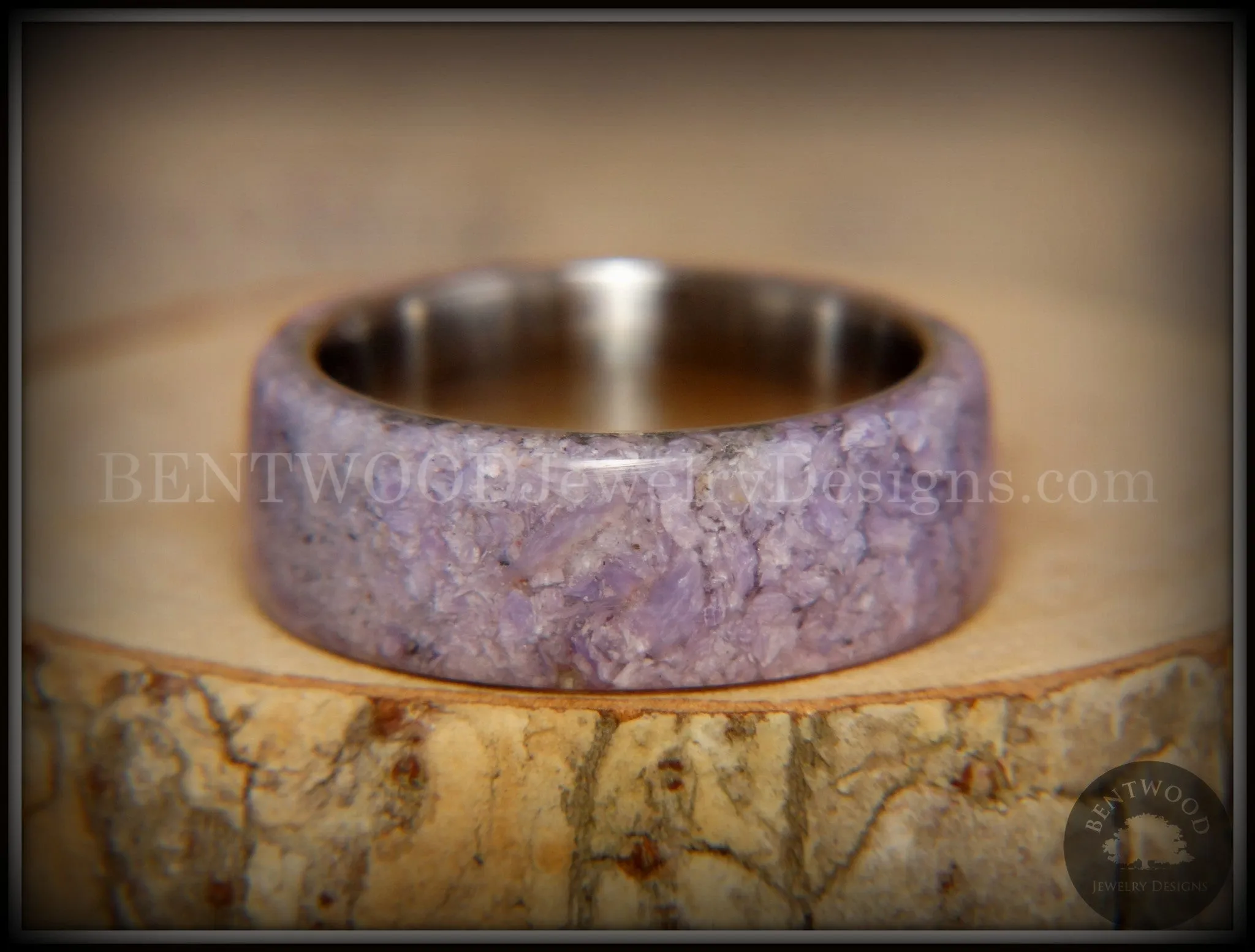 Bentwood Ring - The Dreamer Charoite Stone with Titanium Steel Comfort Fit Metal Core