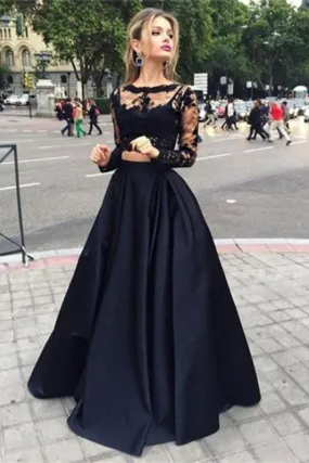 Black Lace Two-Piece Prom Gown with Long Sleeves