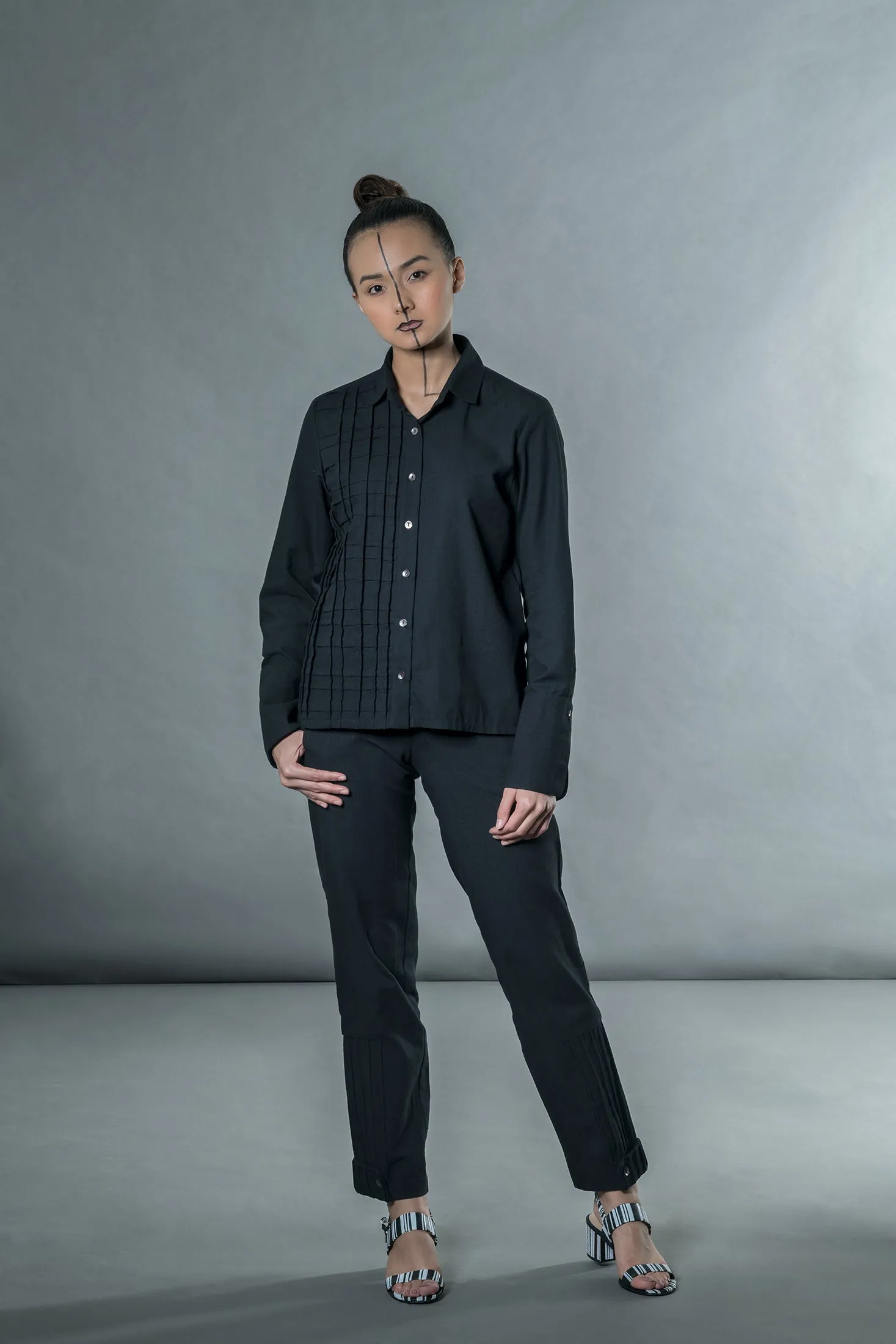 Black Shirt with Cross Pleats