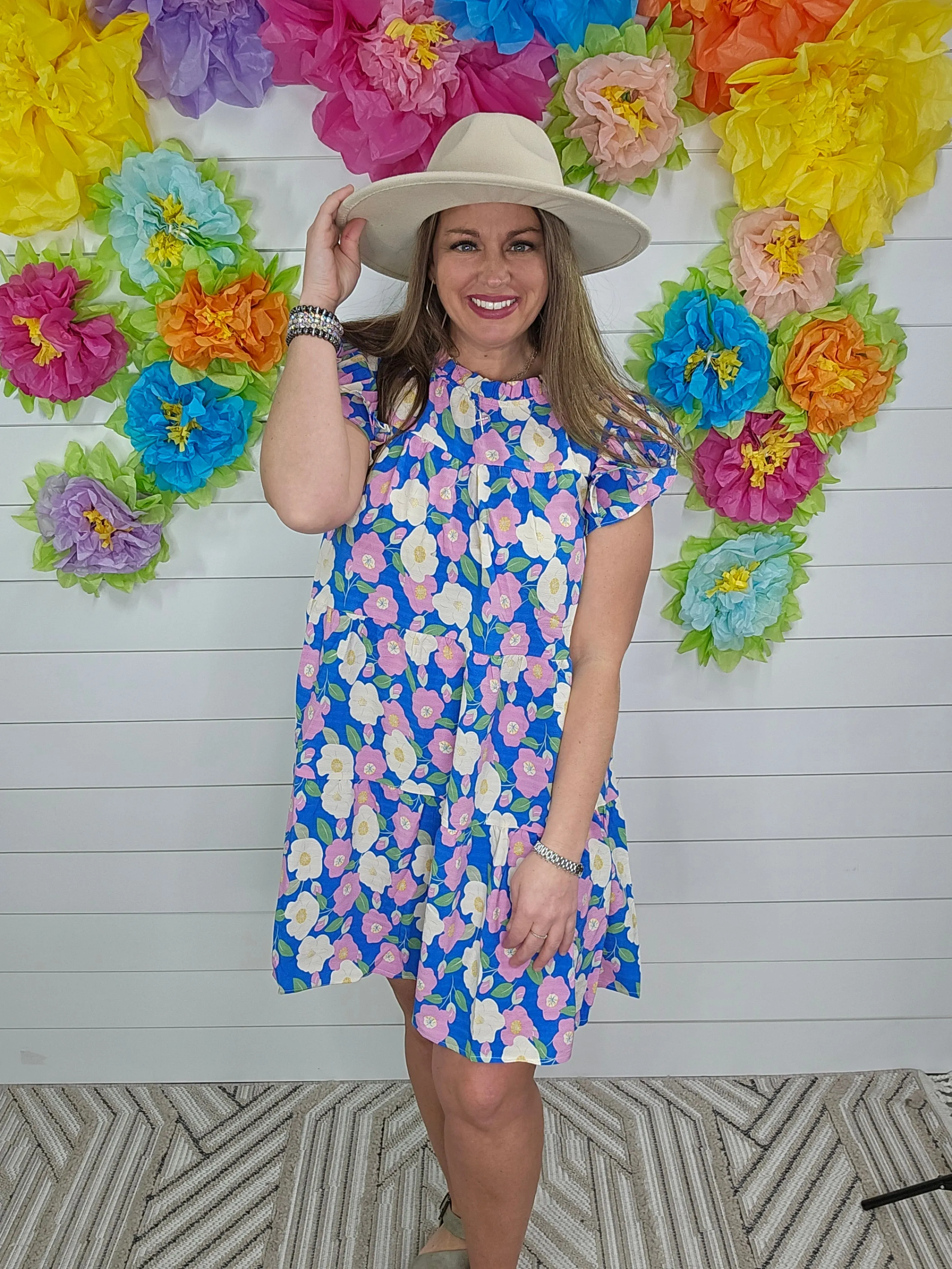 BLUE FLORAL PRINT DRESS WITH A FRILL MOCK NECKLINE