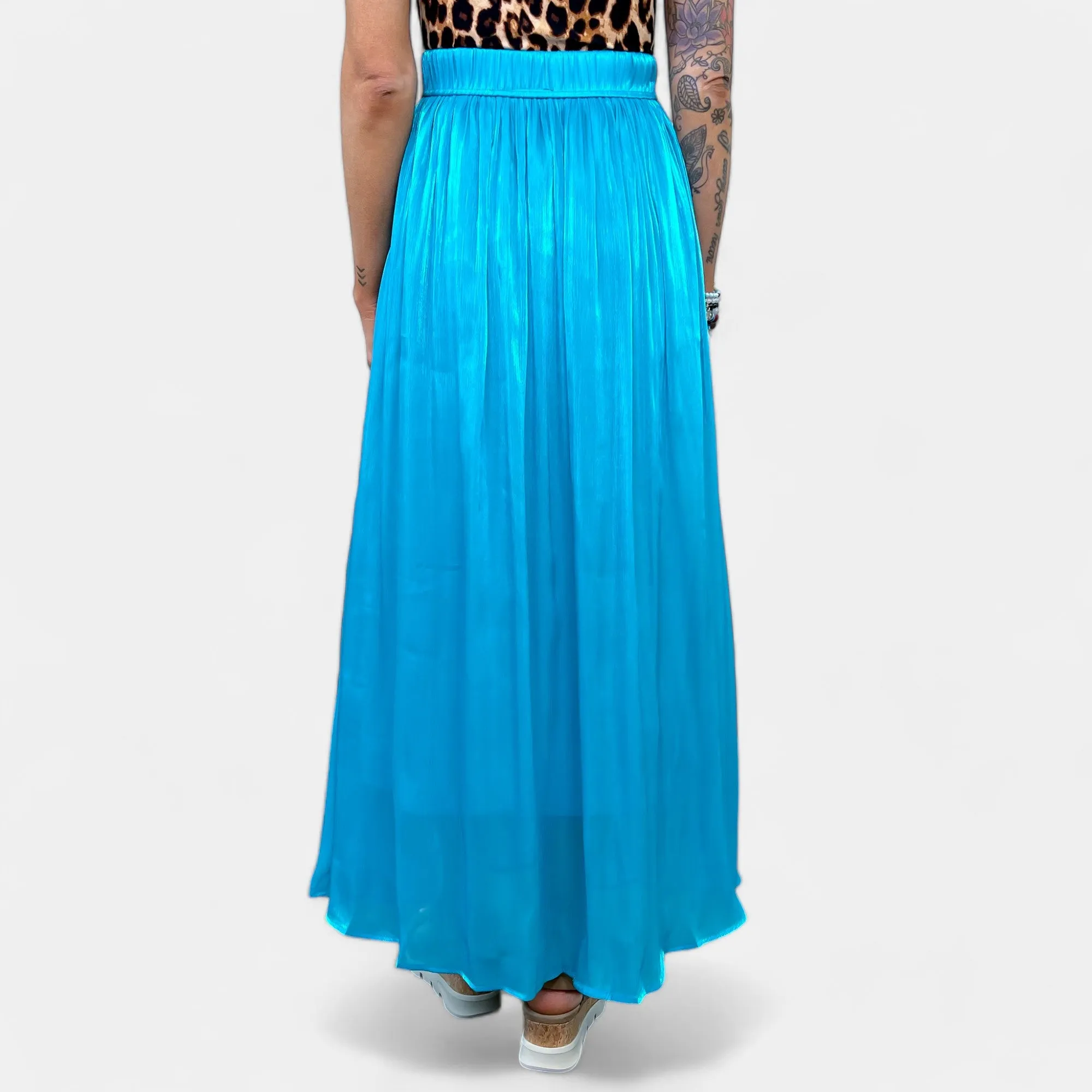 Blue Silk Pleated Maxi Skirt