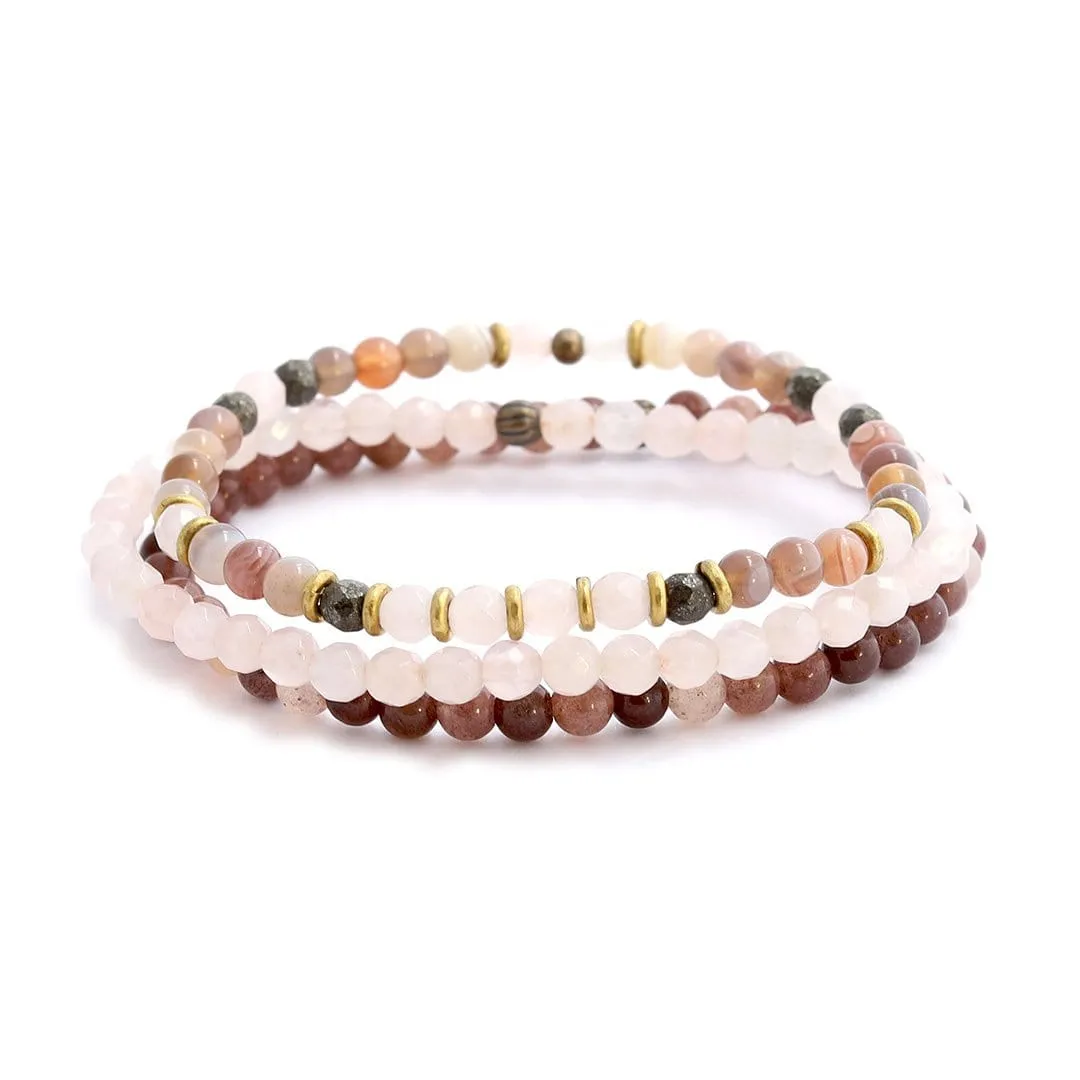 Botswana Agate Rose Quartz and Purple Aventurine Delicate Bracelet Set