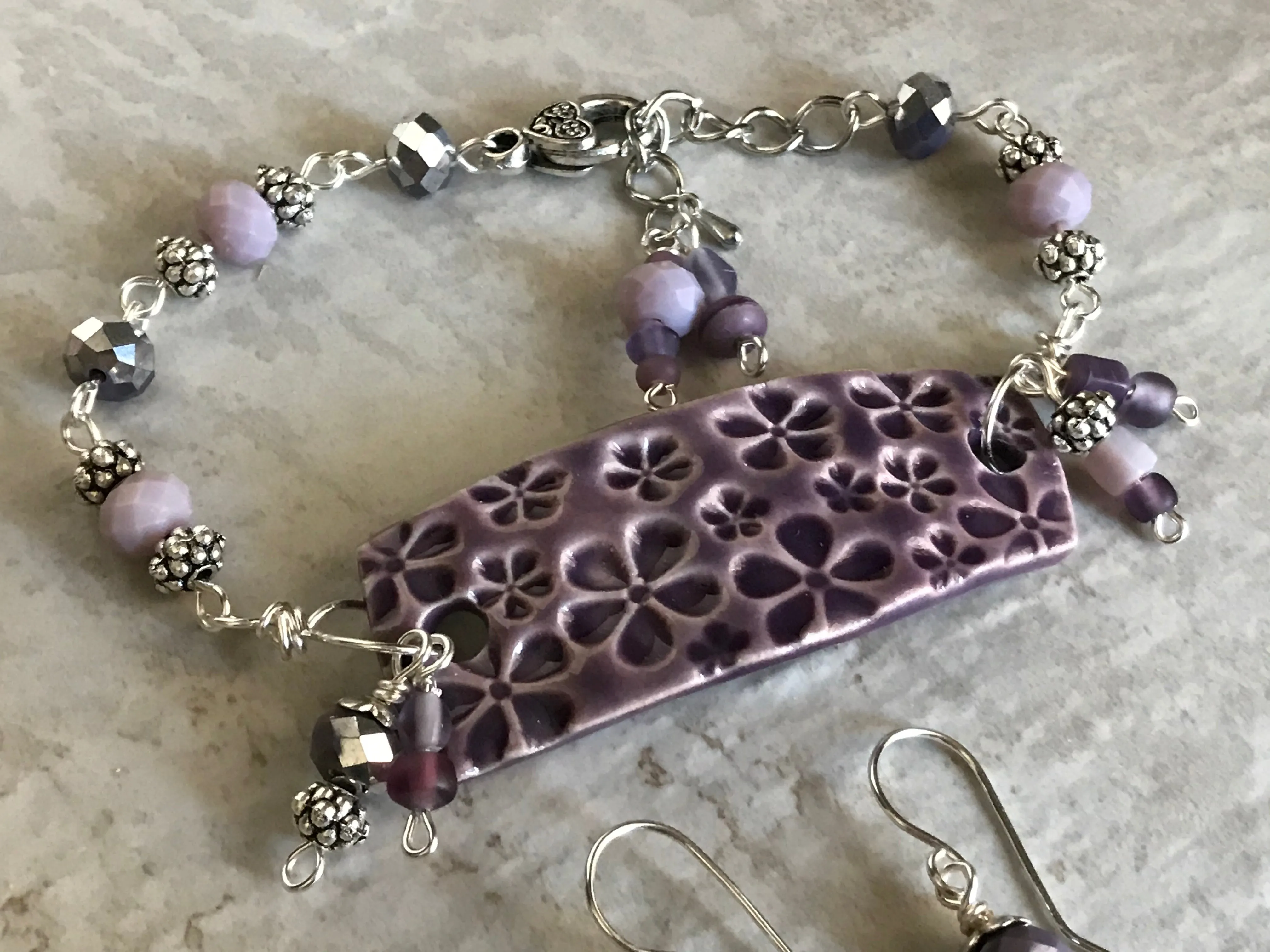 Bracelet and Earrings, Beaded Purple Bracelet and Earrings, Charm Bracelet Set, Jewelry Set