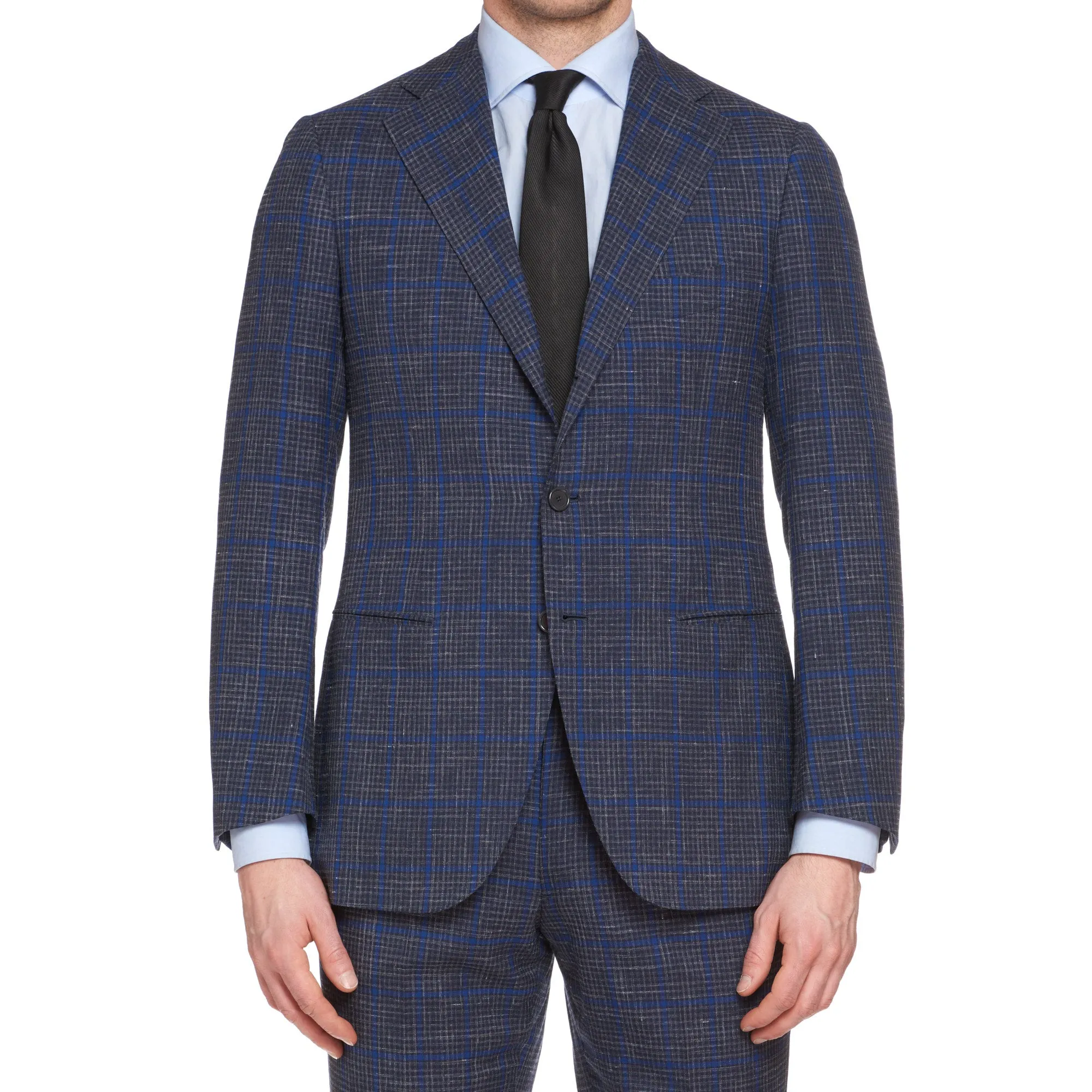 CESARE ATTOLINI Napoli Handmade Blue Plaid Wool-Silk-Linen Suit EU 48 NEW US 38