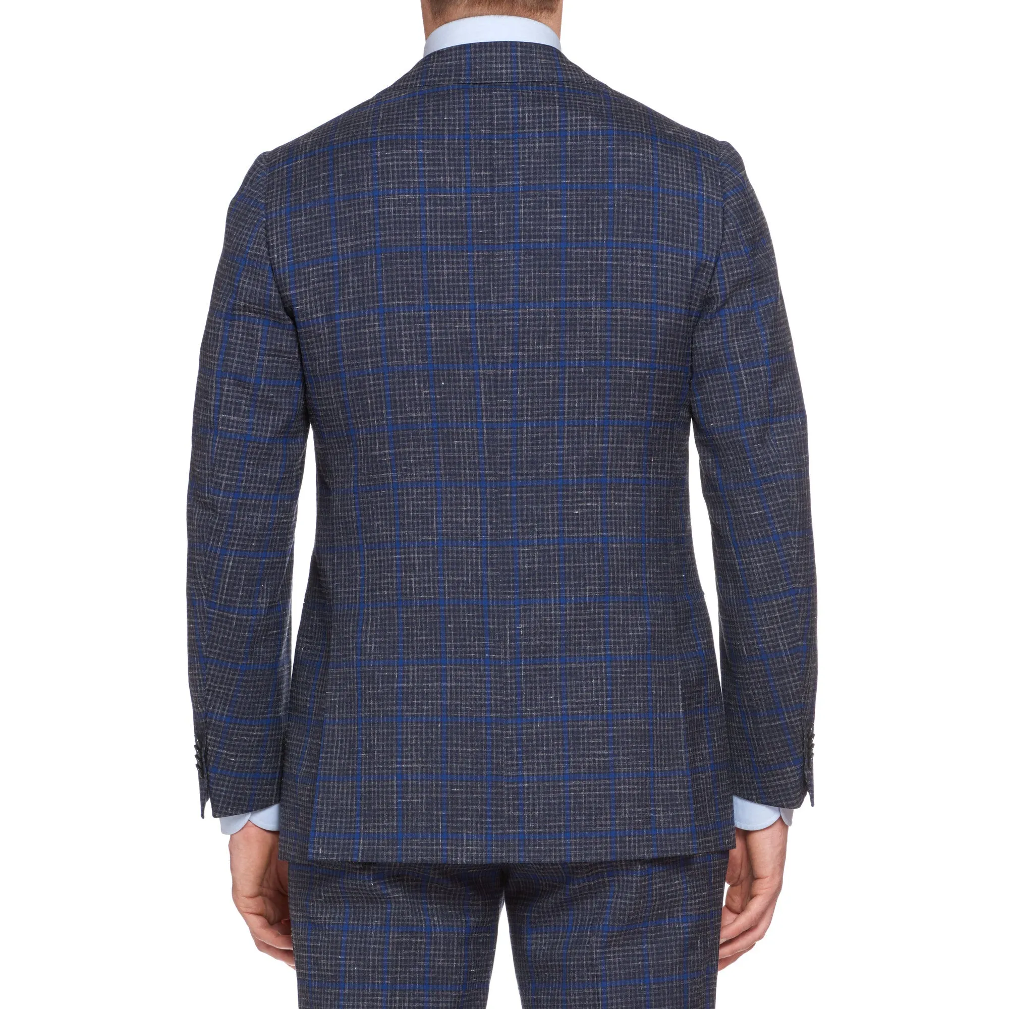 CESARE ATTOLINI Napoli Handmade Blue Plaid Wool-Silk-Linen Suit EU 48 NEW US 38