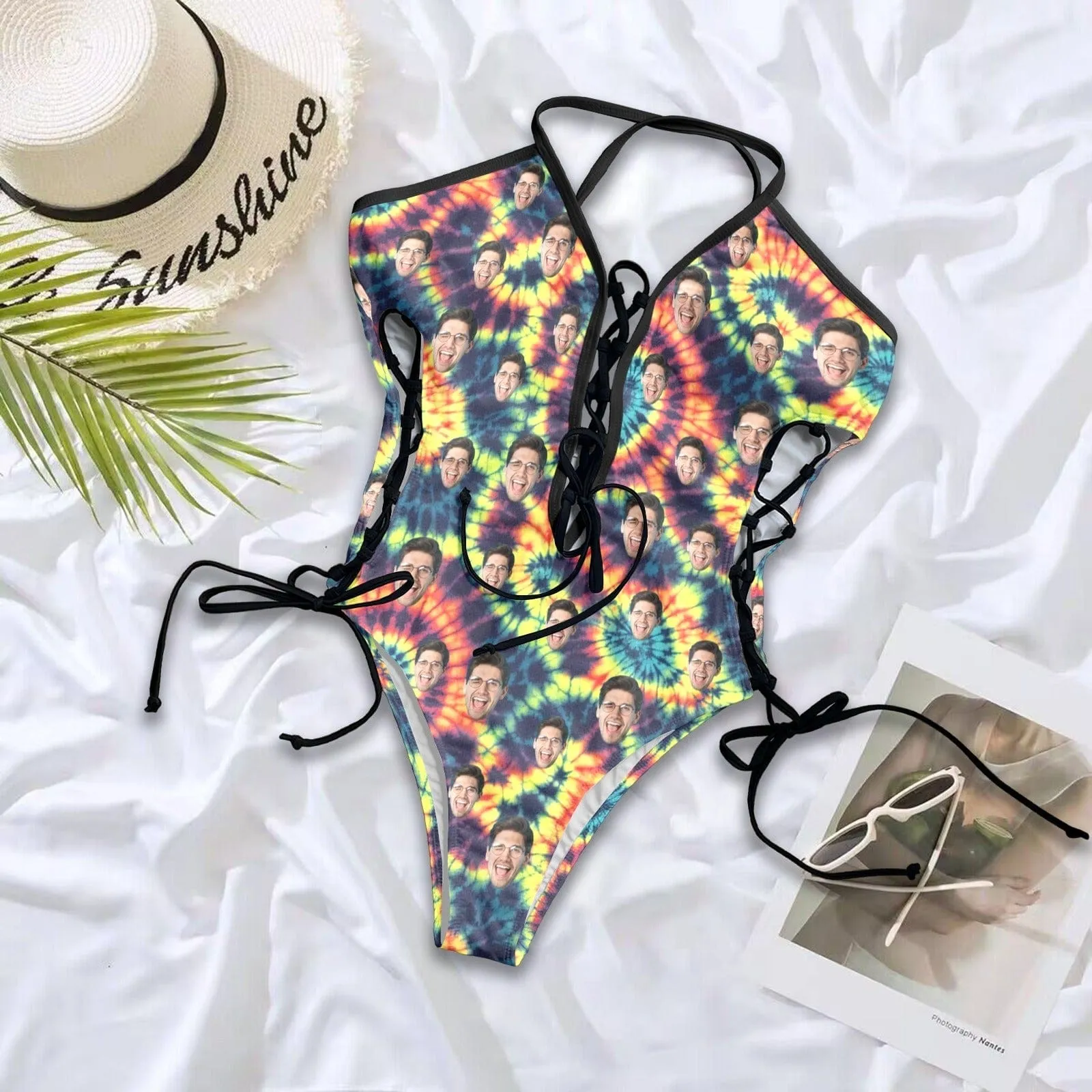 Custom Face Tie Dye Women's Chest&Sides Ties Tummy Control Lace Up One Piece Swimsuit Face Bathing Suit