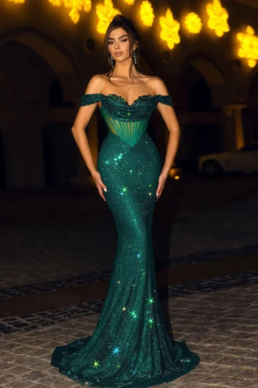 Dark Green Off-the-shoulder Sequins Prom Mermaid Gown