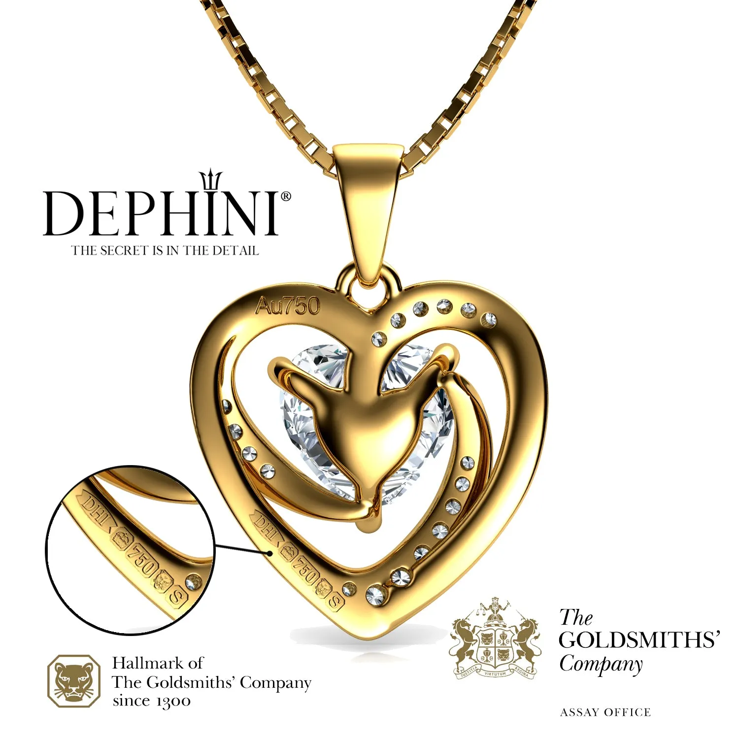 DEPHINI 18k Gold Necklace Yellow Gold Heart Pendant CZ Crystals