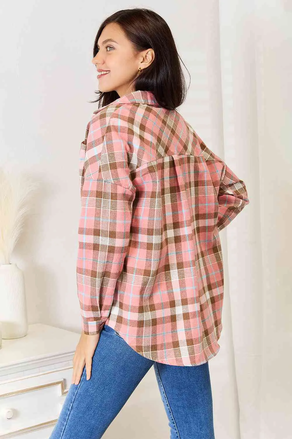 Double Take Plaid Collared Neck Long Sleeve Button-Up Shirt