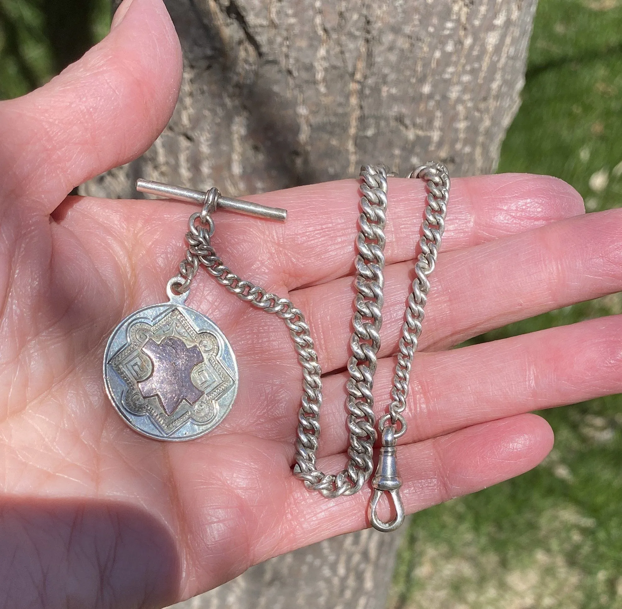 English Hallmarked Silver Albert Watch Chain and Rose Gold Fob